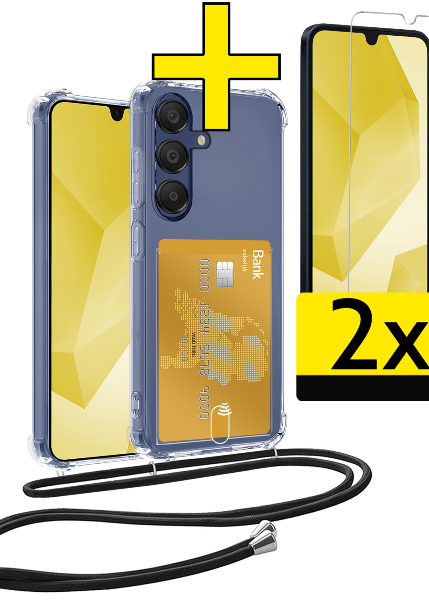 LUQ LUQ Samsung Galaxy A16 Hoesje Pashouder met Koord Met 2x Screenprotector