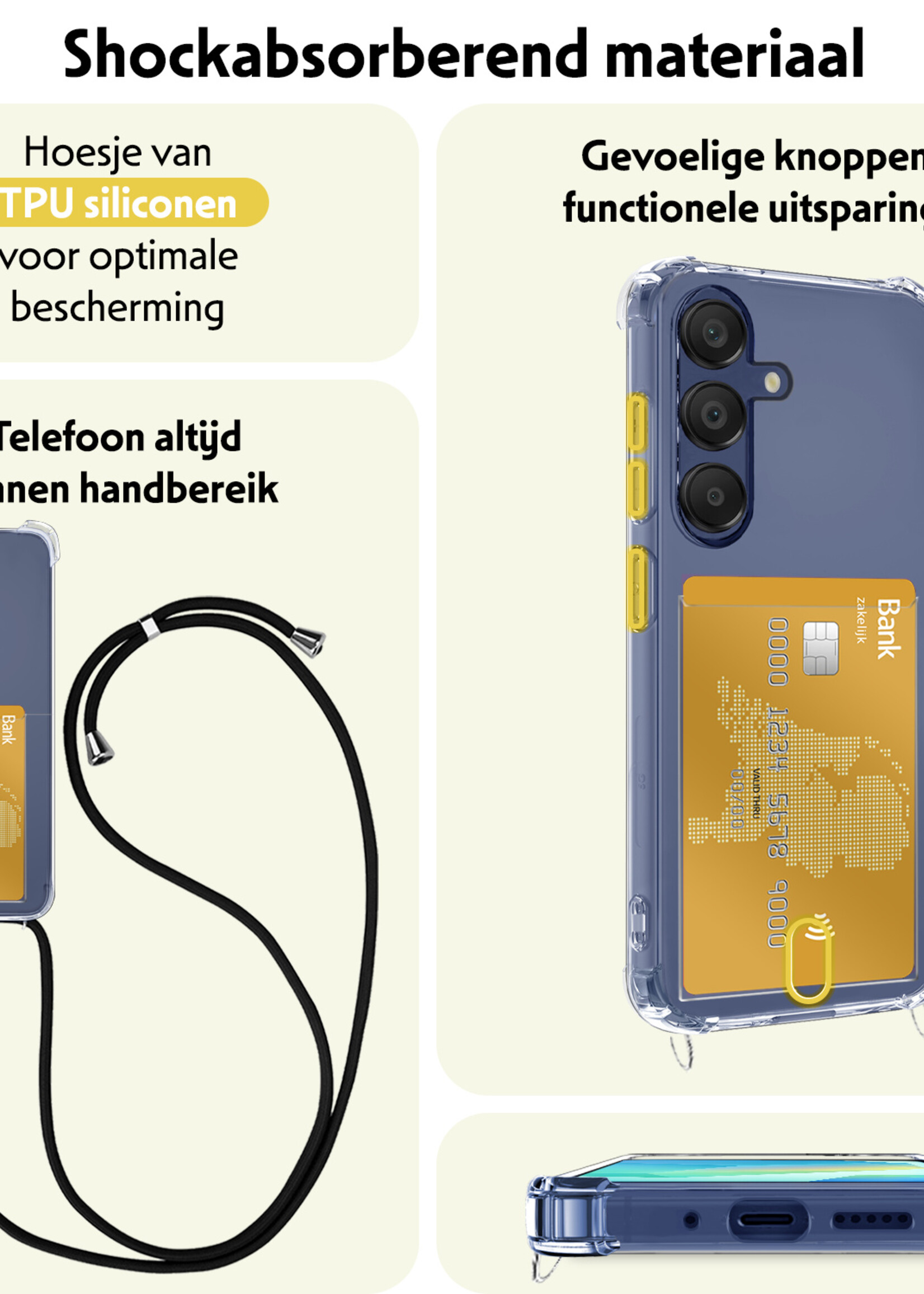 LUQ LUQ Samsung Galaxy A16 Hoesje Pashouder met Koord Met 2x Screenprotector