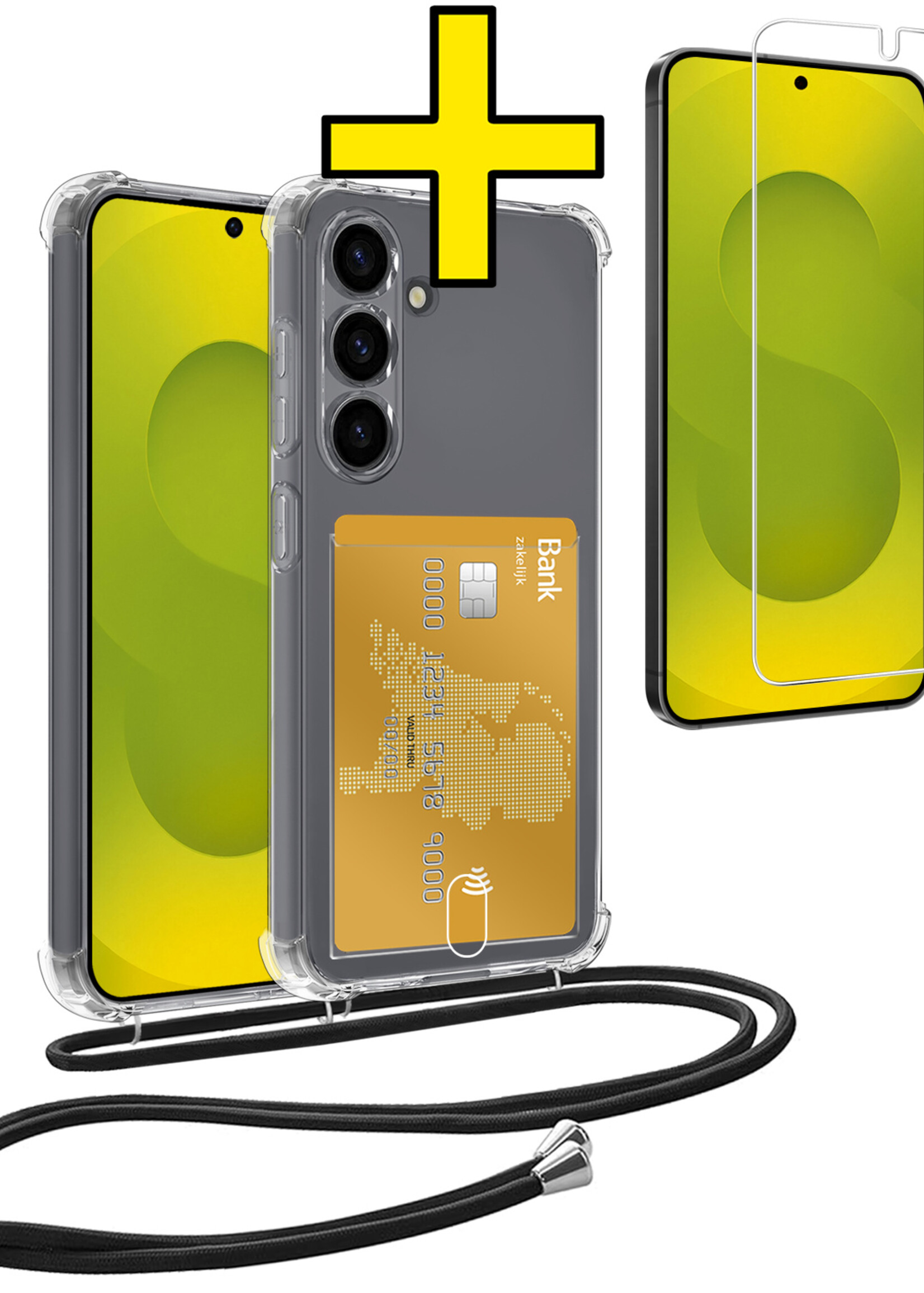 LUQ LUQ Samsung Galaxy S25 Hoesje Pashouder met Koord Met Screenprotector