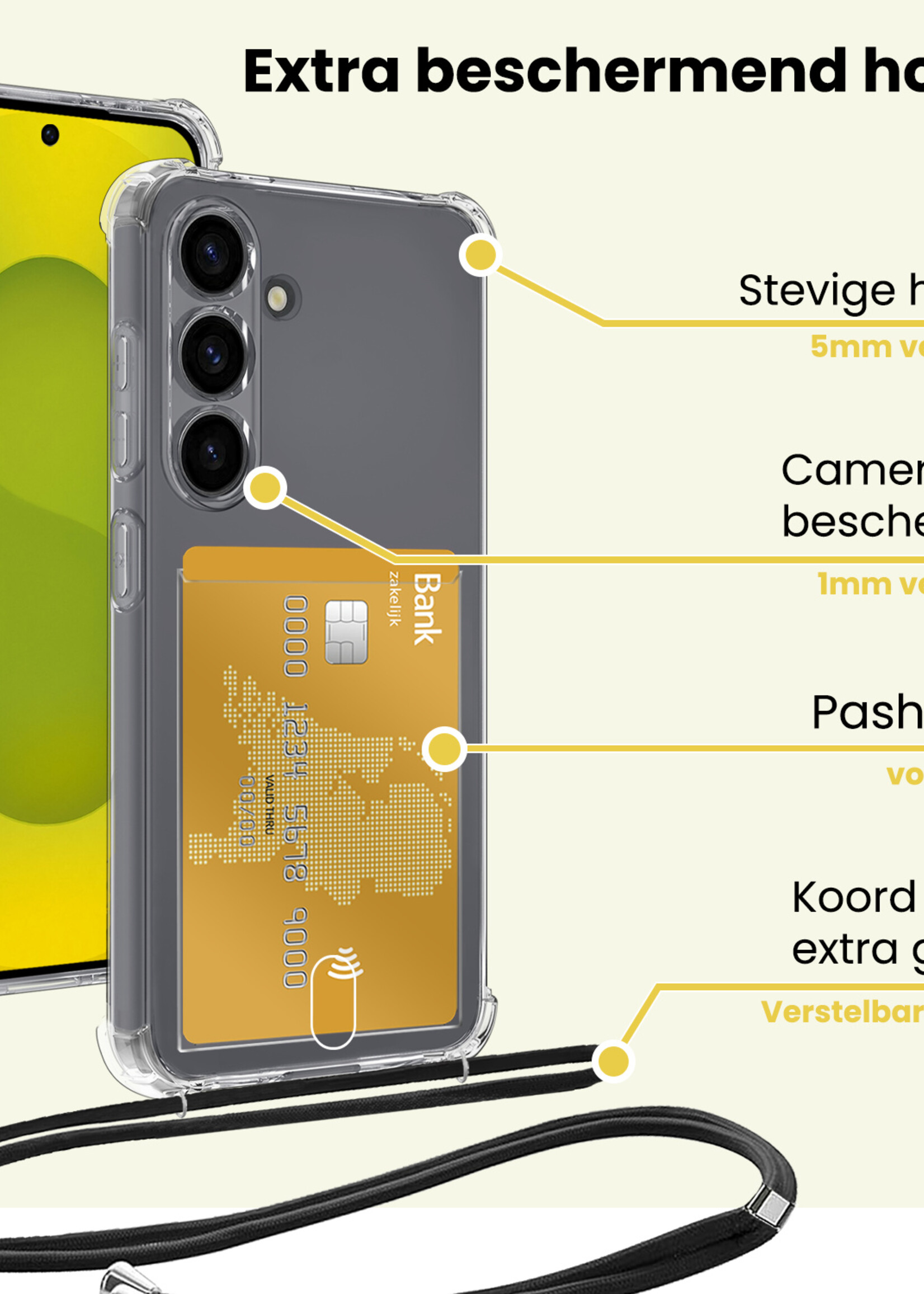 LUQ LUQ Samsung Galaxy S25 Hoesje Pashouder met Koord Met Screenprotector