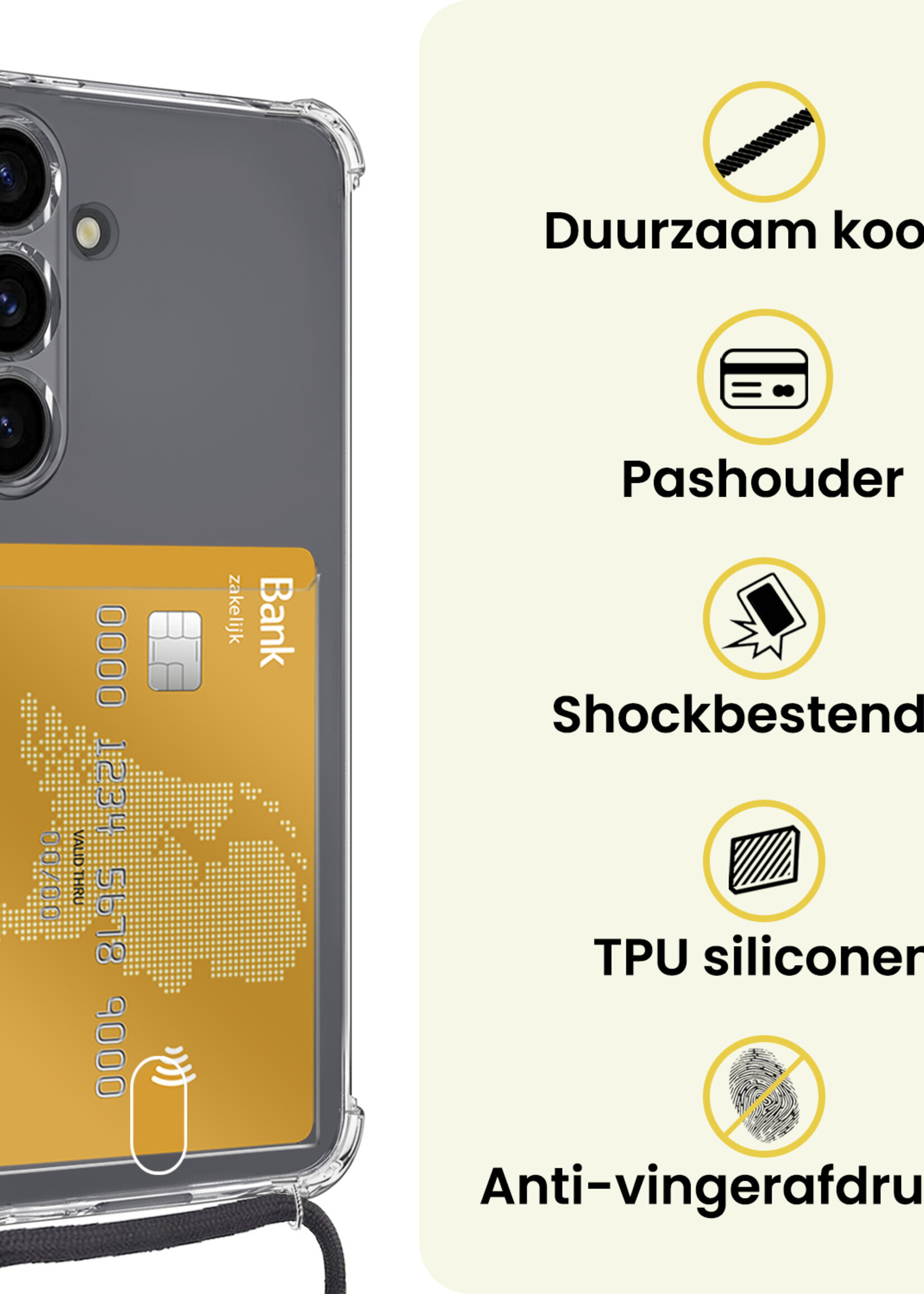 LUQ LUQ Samsung Galaxy S25 Hoesje Pashouder met Koord Met 2x Screenprotector