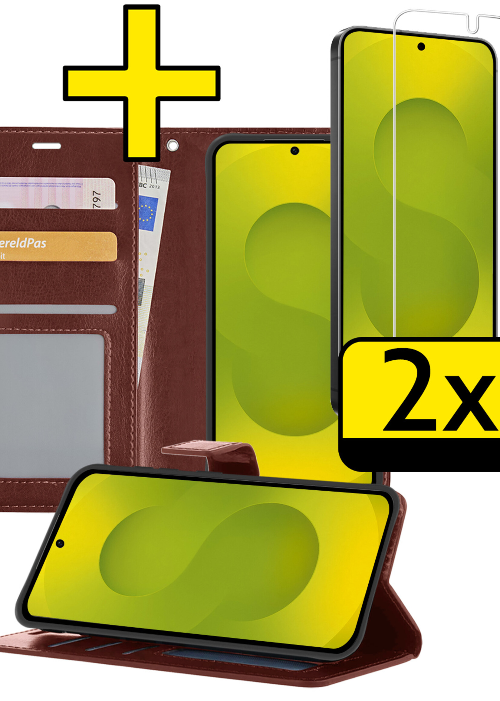 LUQ LUQ Samsung Galaxy S25 Hoesje Bookcase Met 2x Screenprotector - Bruin