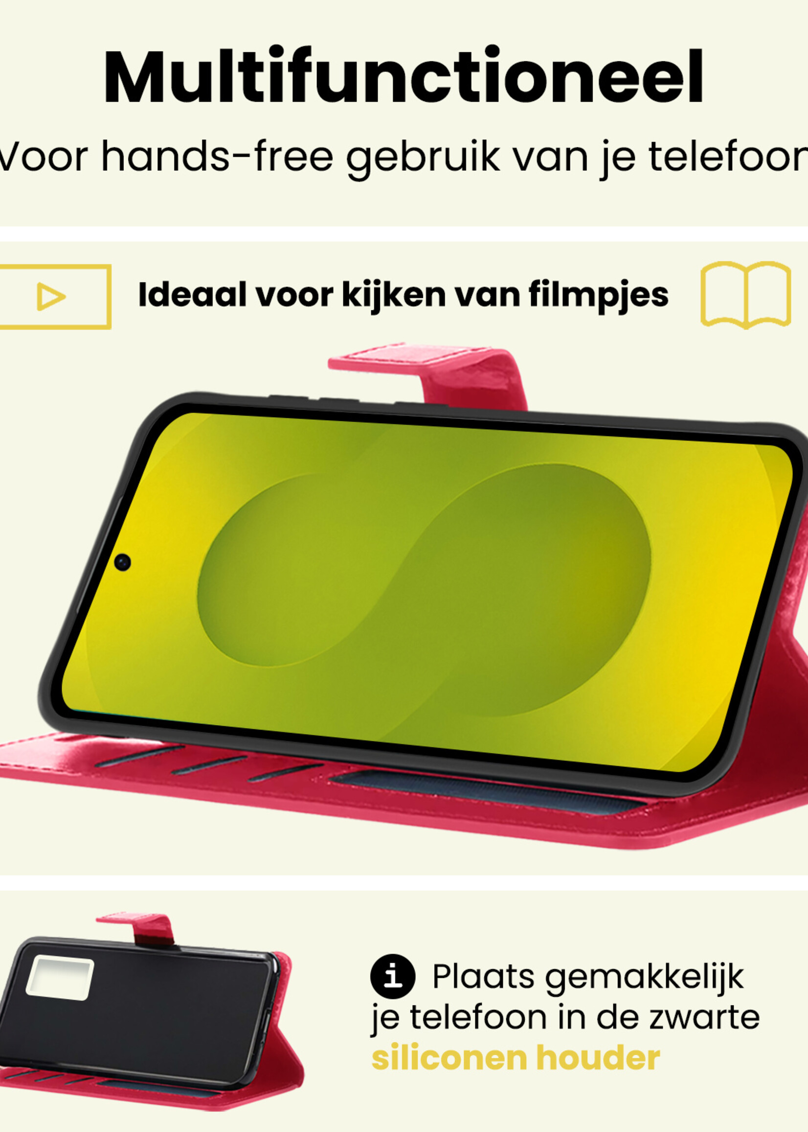 LUQ LUQ Samsung Galaxy S25 Hoesje Bookcase Met 2x Screenprotector - Donkerroze