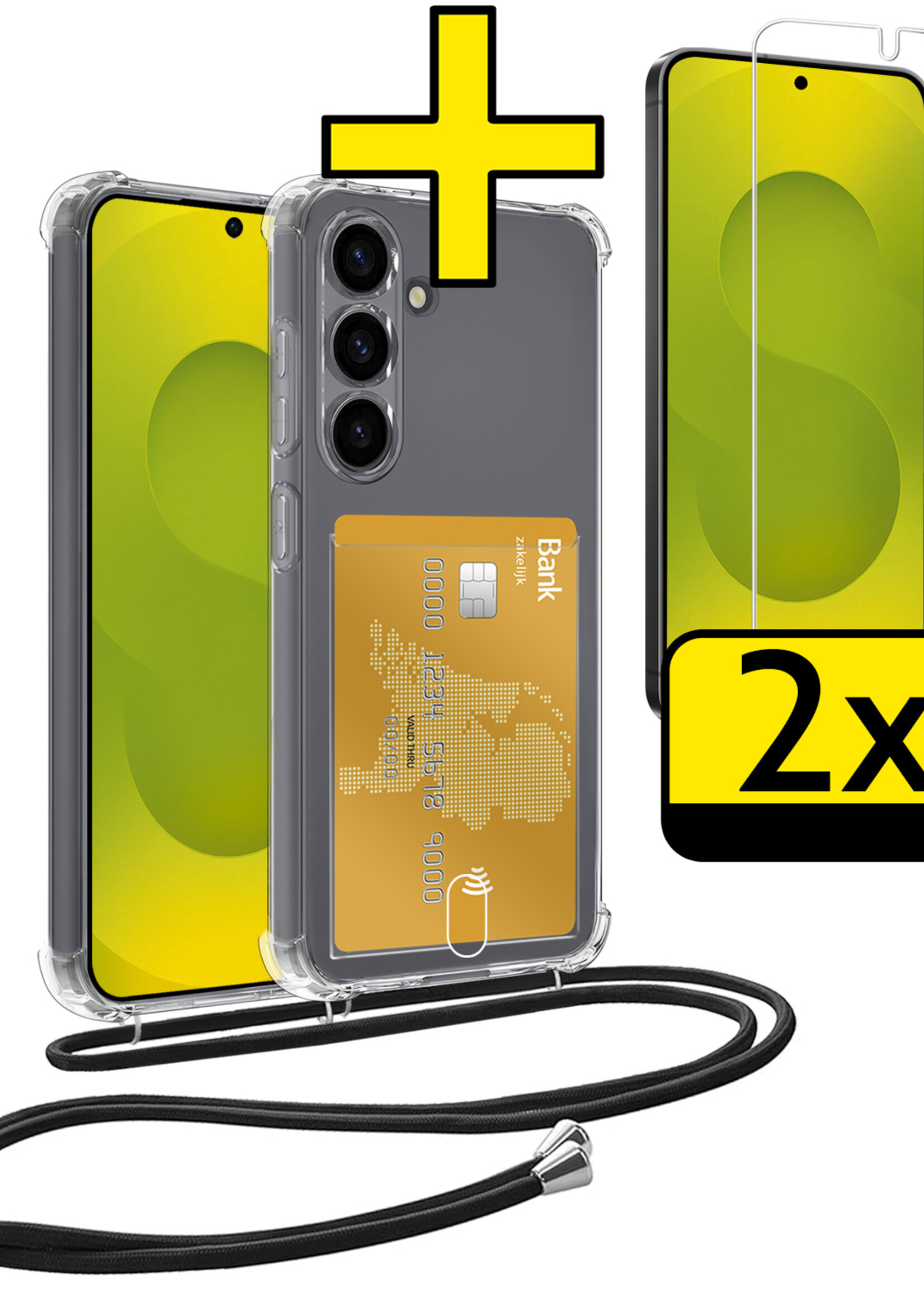 LUQ LUQ Samsung Galaxy S25 Plus Hoesje Pashouder met Koord Met 2x Screenprotector