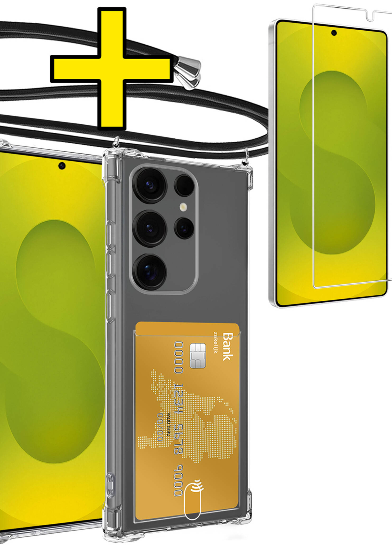 LUQ LUQ Samsung Galaxy S25 Ultra Hoesje Pashouder met Koord Met Screenprotector