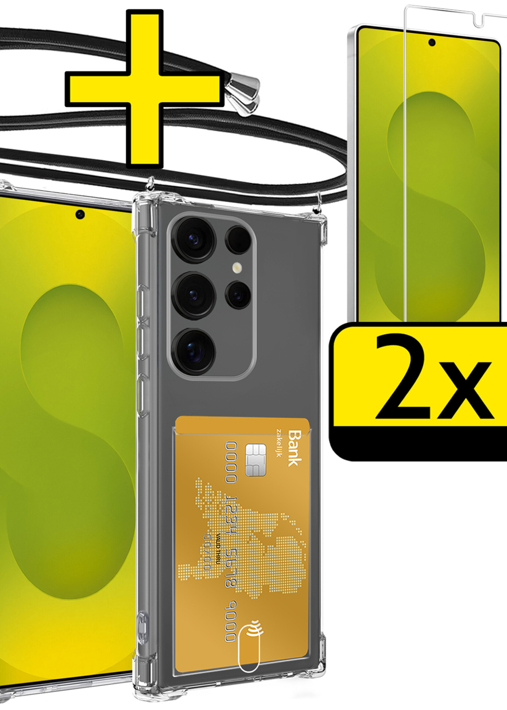 LUQ LUQ Samsung Galaxy S25 Ultra Hoesje Pashouder met Koord Met 2x Screenprotector