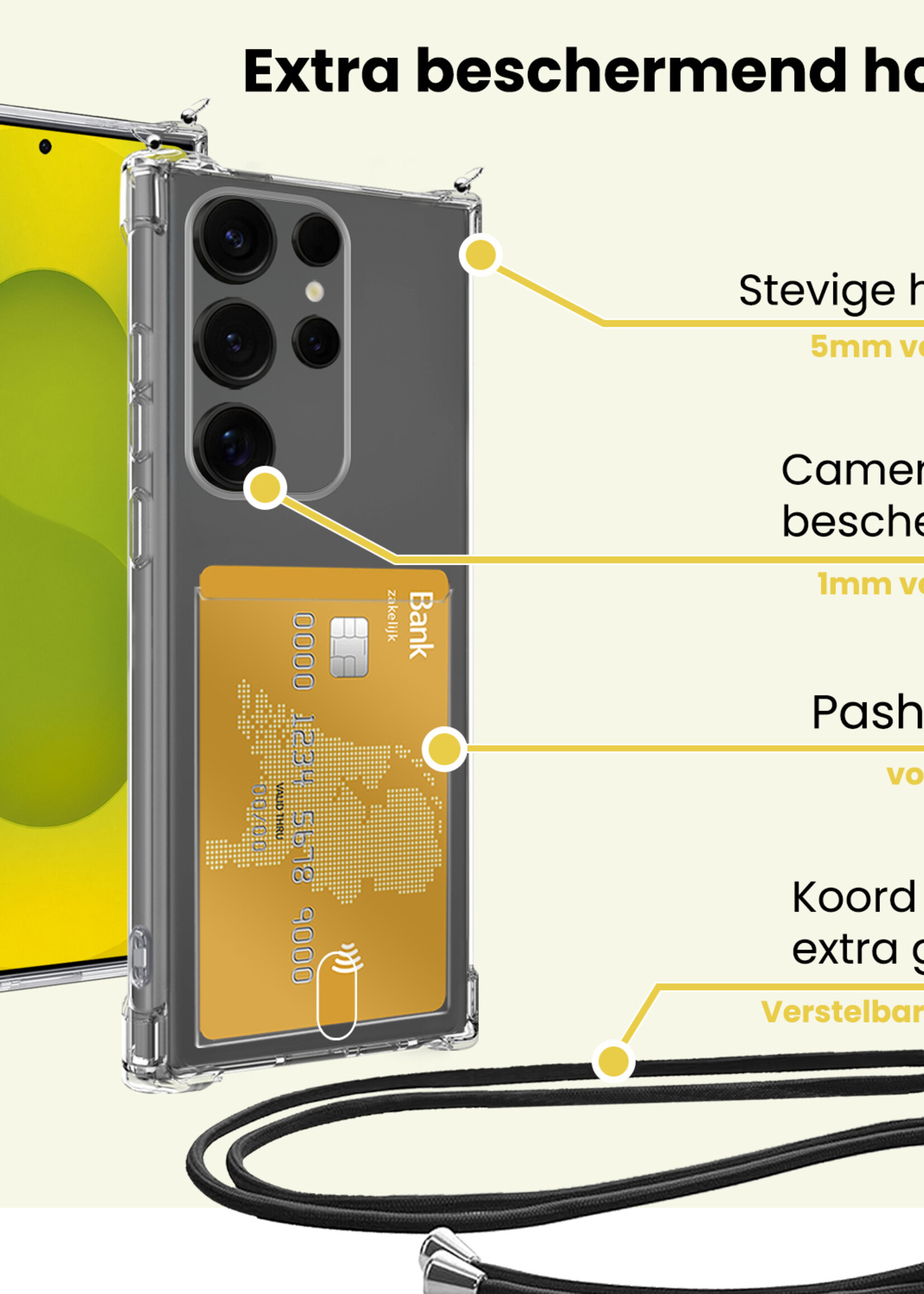 LUQ LUQ Samsung Galaxy S25 Ultra Hoesje Pashouder met Koord Met 2x Screenprotector