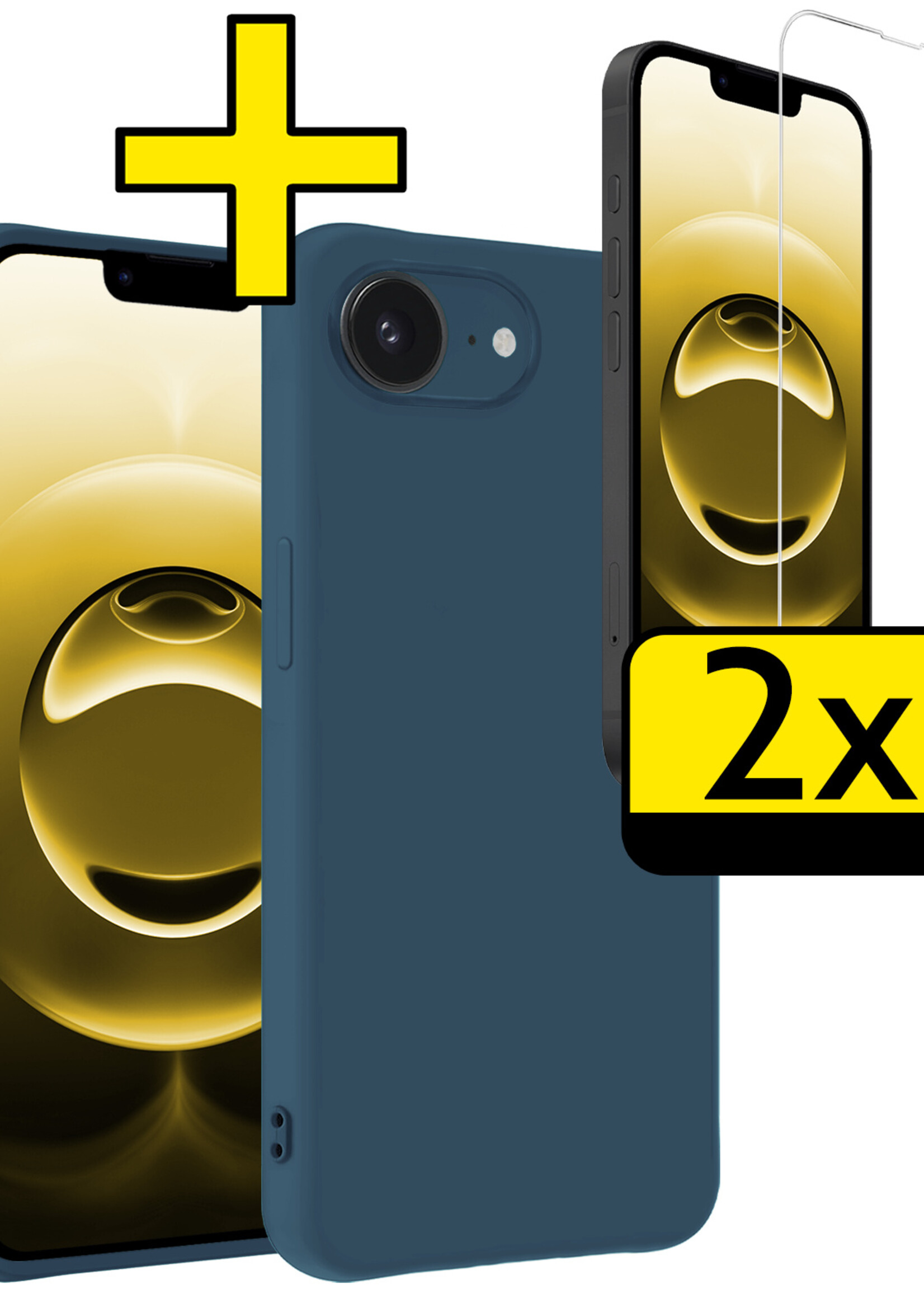 LUQ LUQ iPhone 16E Hoesje Siliconen Met 2x Screenprotector Met Dichte Notch - Donkerblauw