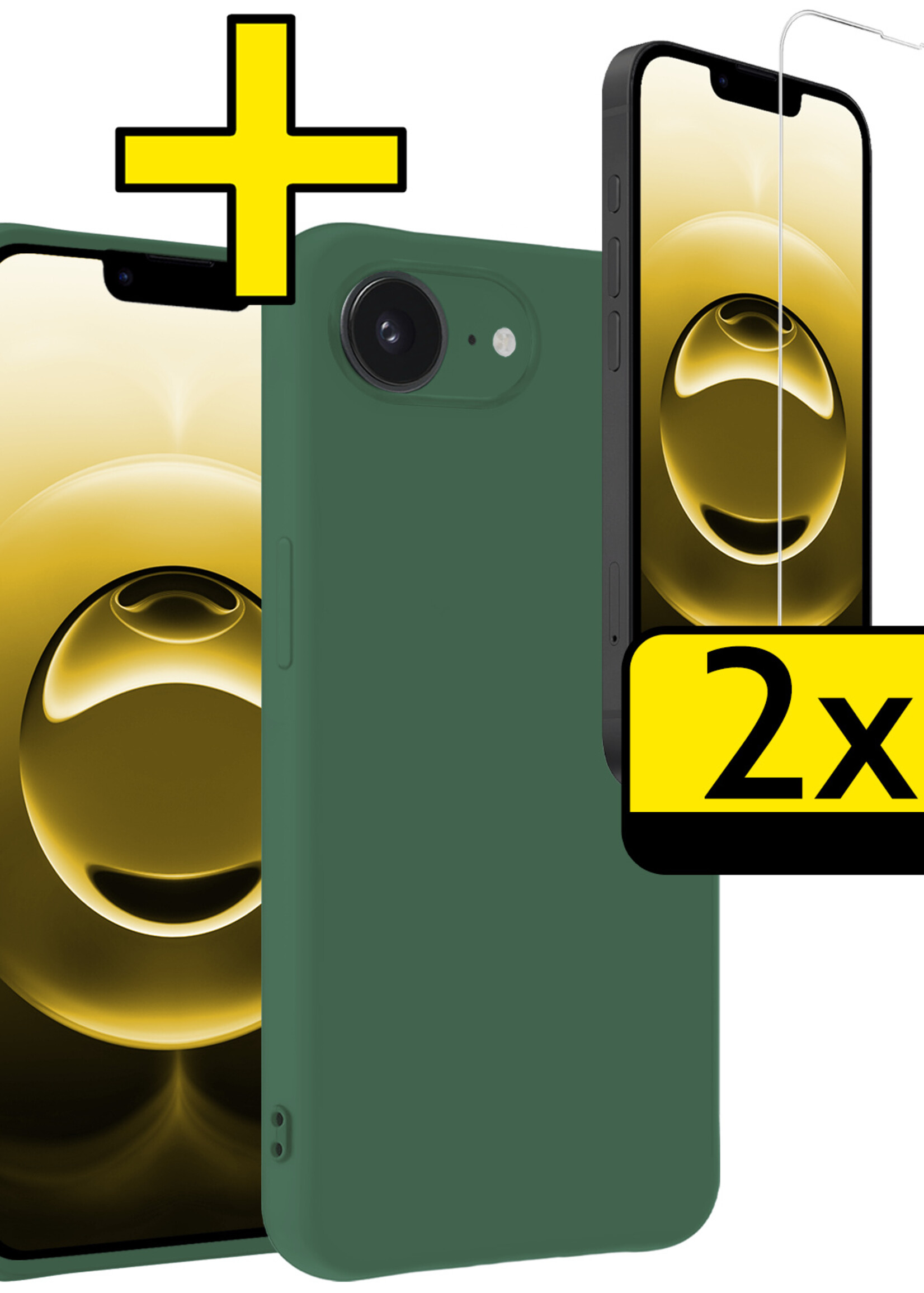 LUQ LUQ iPhone 16E Hoesje Siliconen Met 2x Screenprotector Met Dichte Notch - Donkergroen