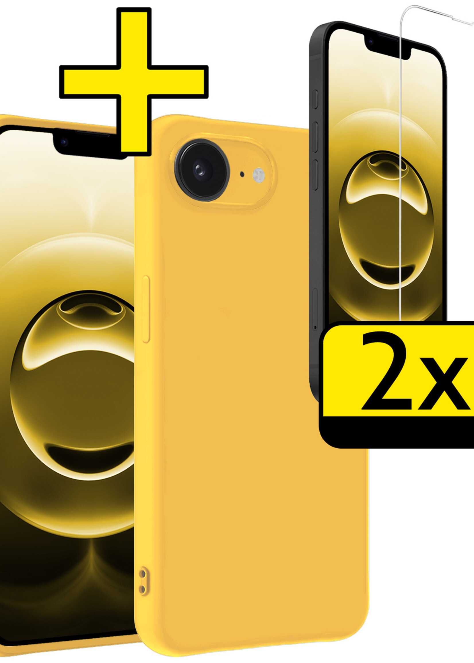 LUQ LUQ iPhone 16E Hoesje Siliconen Met 2x Screenprotector Met Dichte Notch - Geel