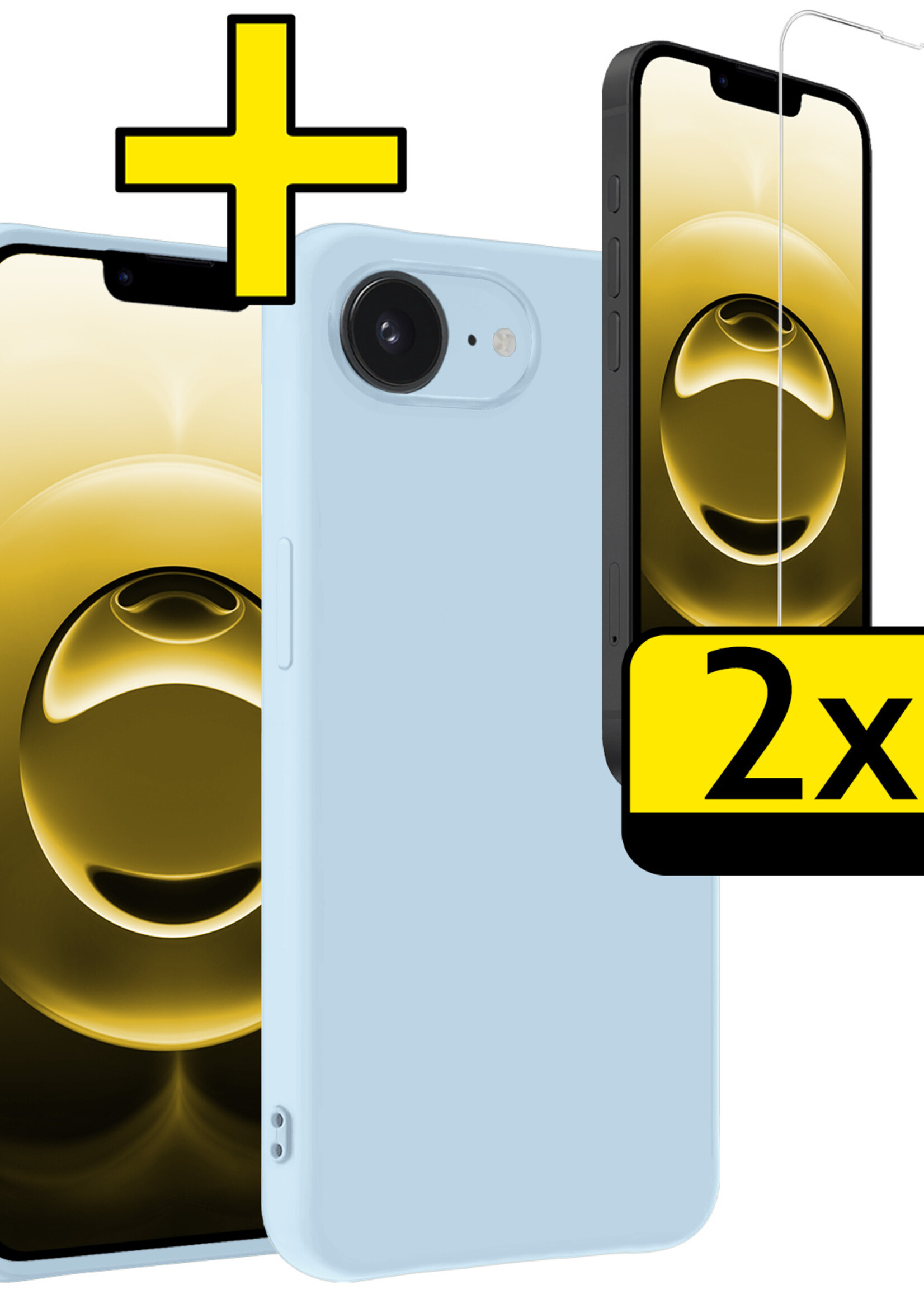 LUQ LUQ iPhone 16E Hoesje Siliconen Met 2x Screenprotector Met Dichte Notch - Lichtblauw