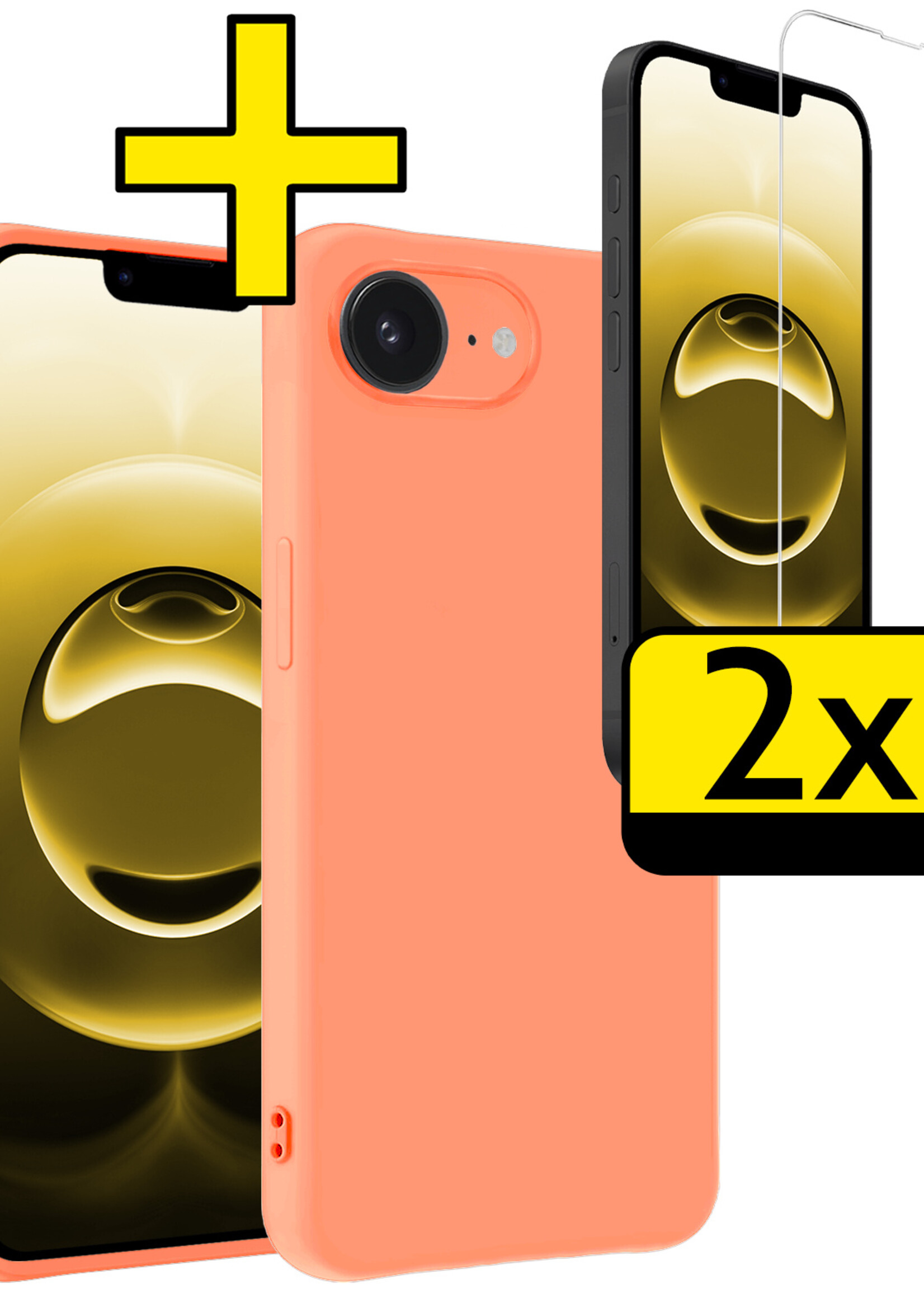 LUQ LUQ iPhone 16E Hoesje Siliconen Met 2x Screenprotector Met Dichte Notch - Perzik