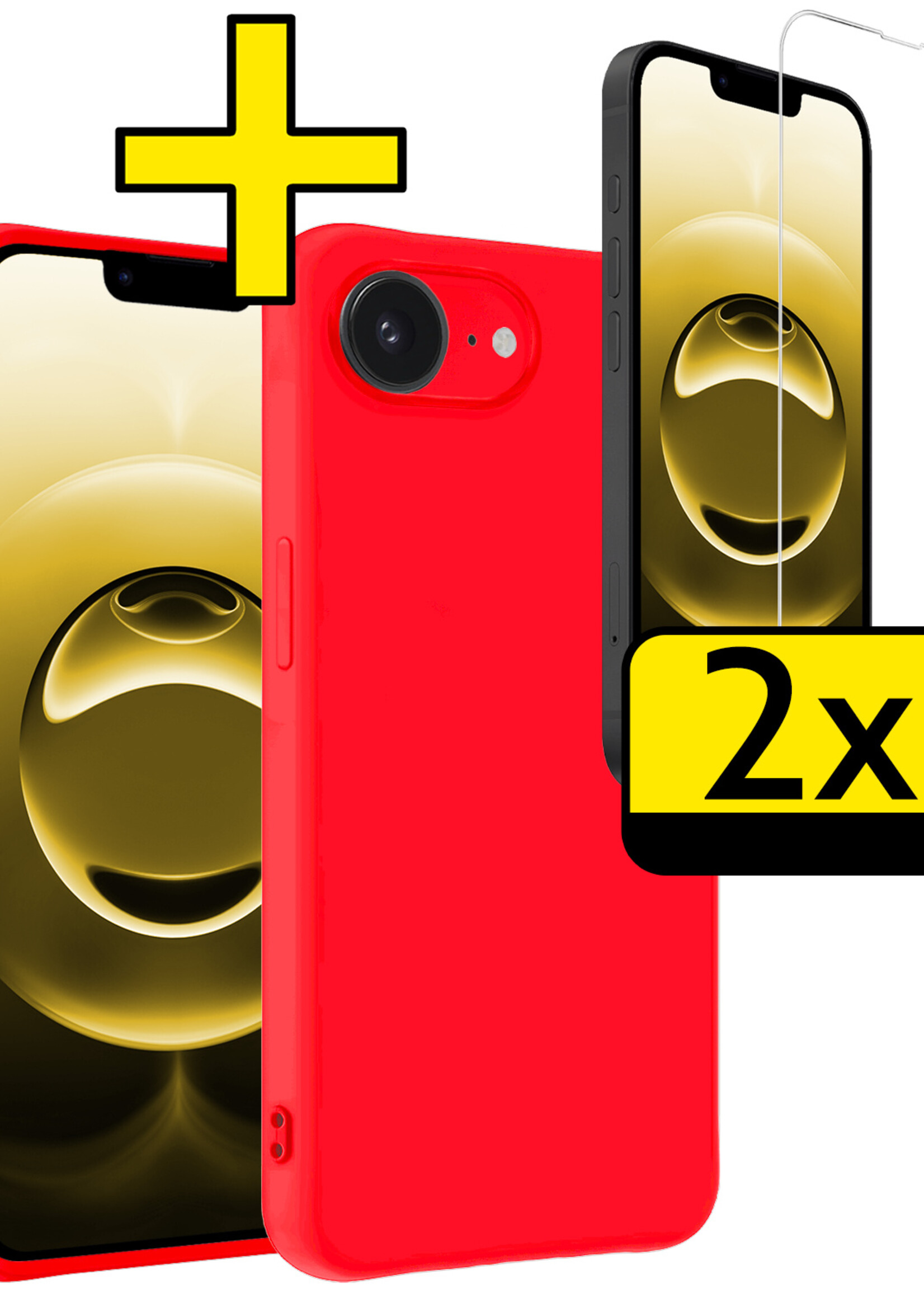LUQ LUQ iPhone 16E Hoesje Siliconen Met 2x Screenprotector Met Dichte Notch - Rood