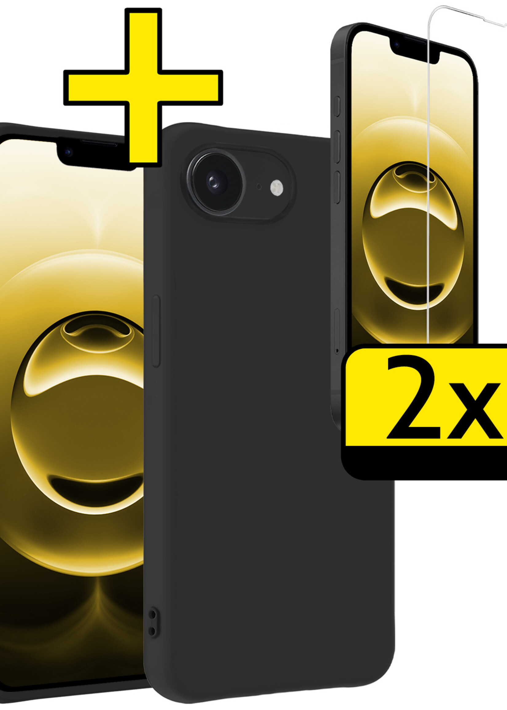 LUQ LUQ iPhone 16E Hoesje Siliconen Met 2x Screenprotector Met Dichte Notch - Zwart