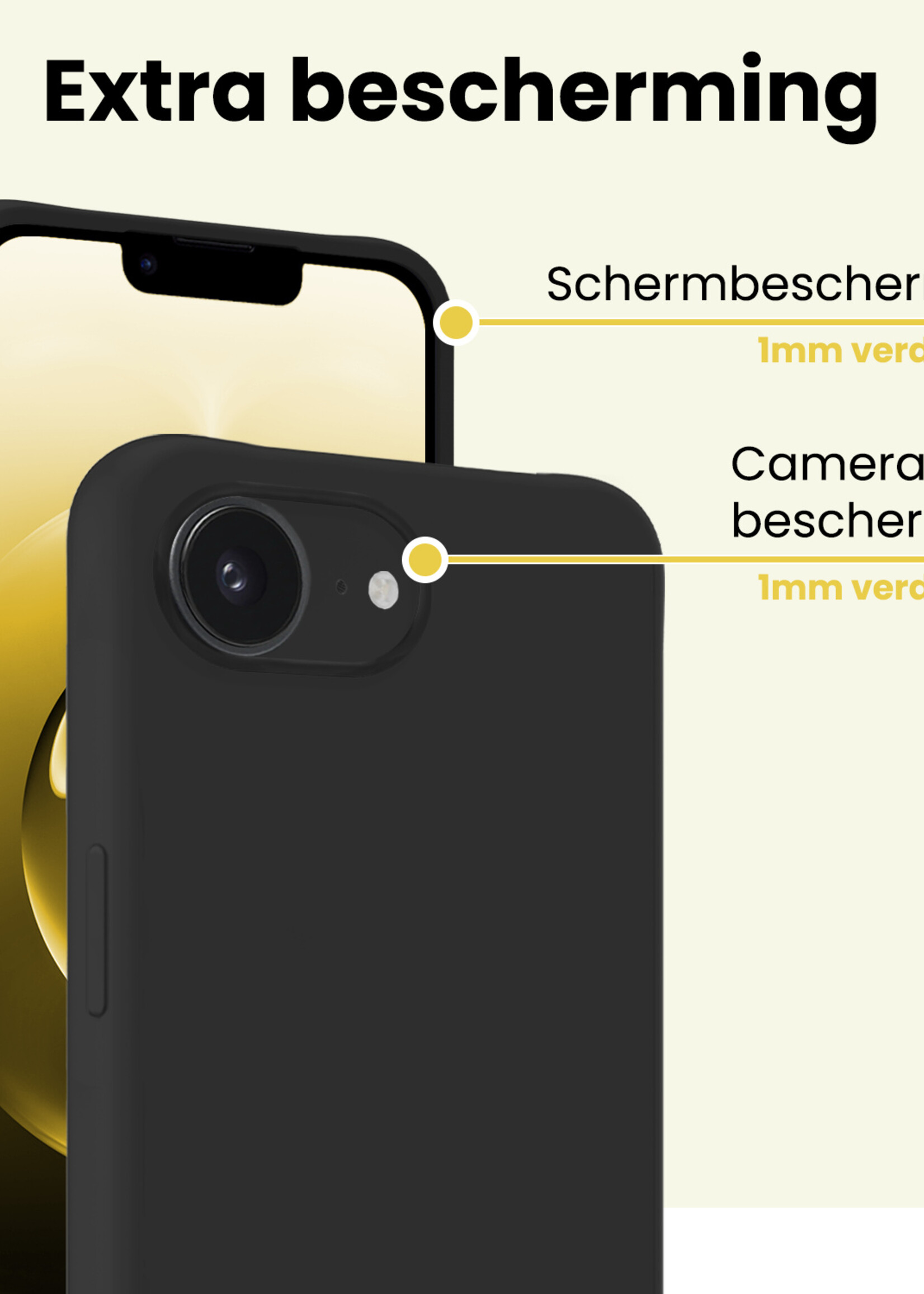 LUQ LUQ iPhone 16E Hoesje Siliconen Met 2x Screenprotector Met Dichte Notch - Zwart