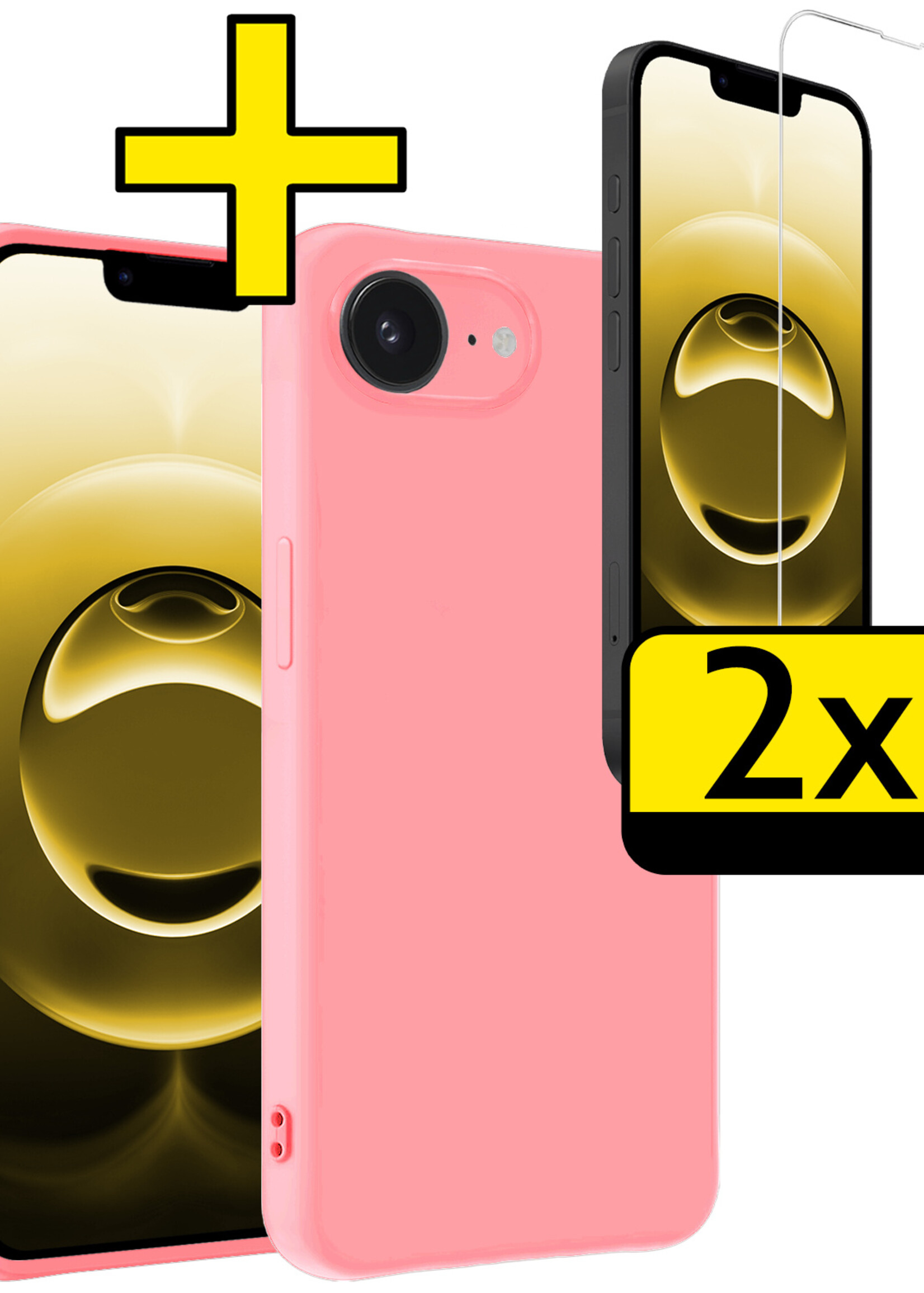 LUQ LUQ iPhone 16E Hoesje Siliconen Met 2x Screenprotector Met Dichte Notch - Lichtroze