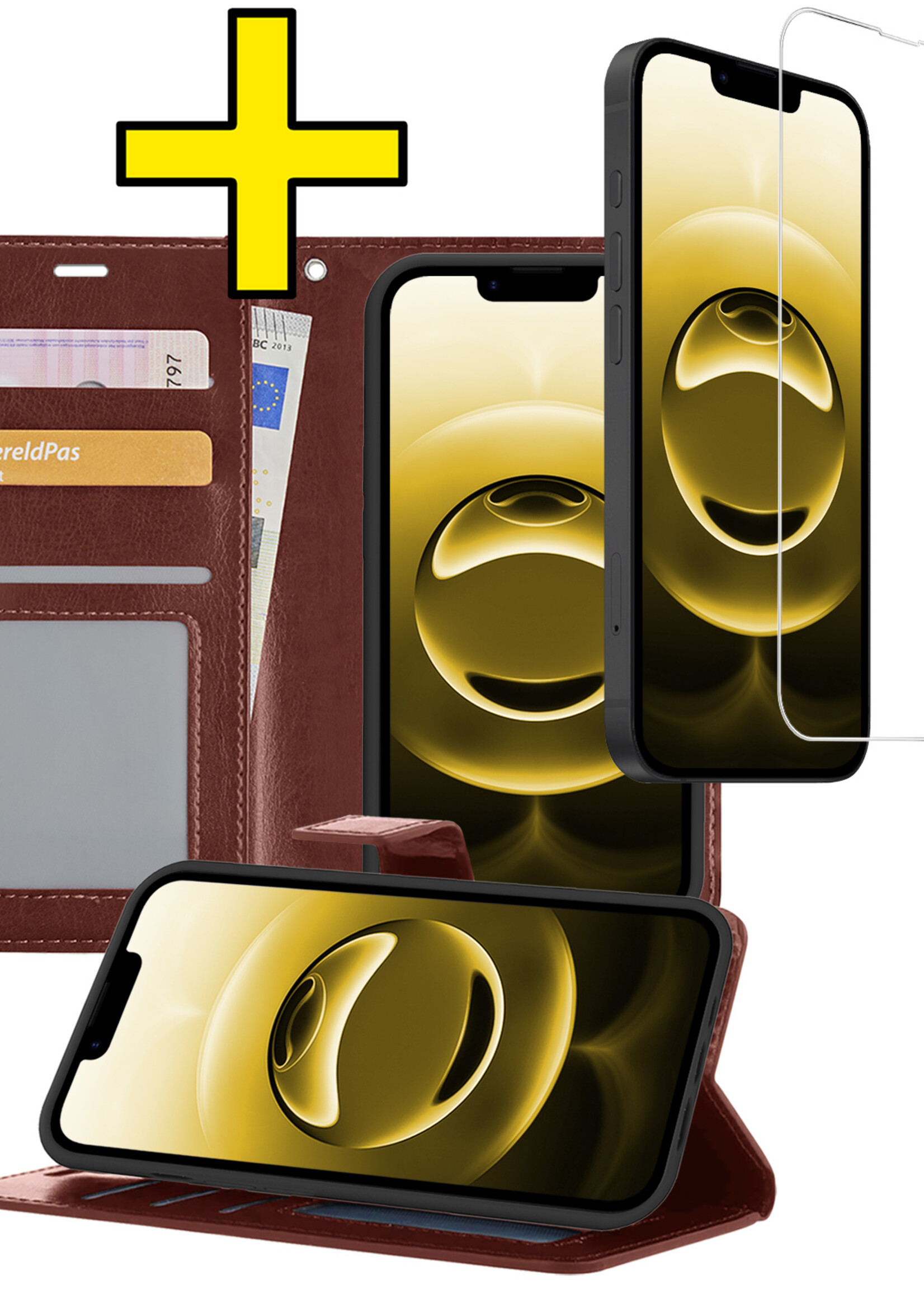 LUQ LUQ iPhone 16E Hoesje Bookcase Met Screenprotector - Bruin