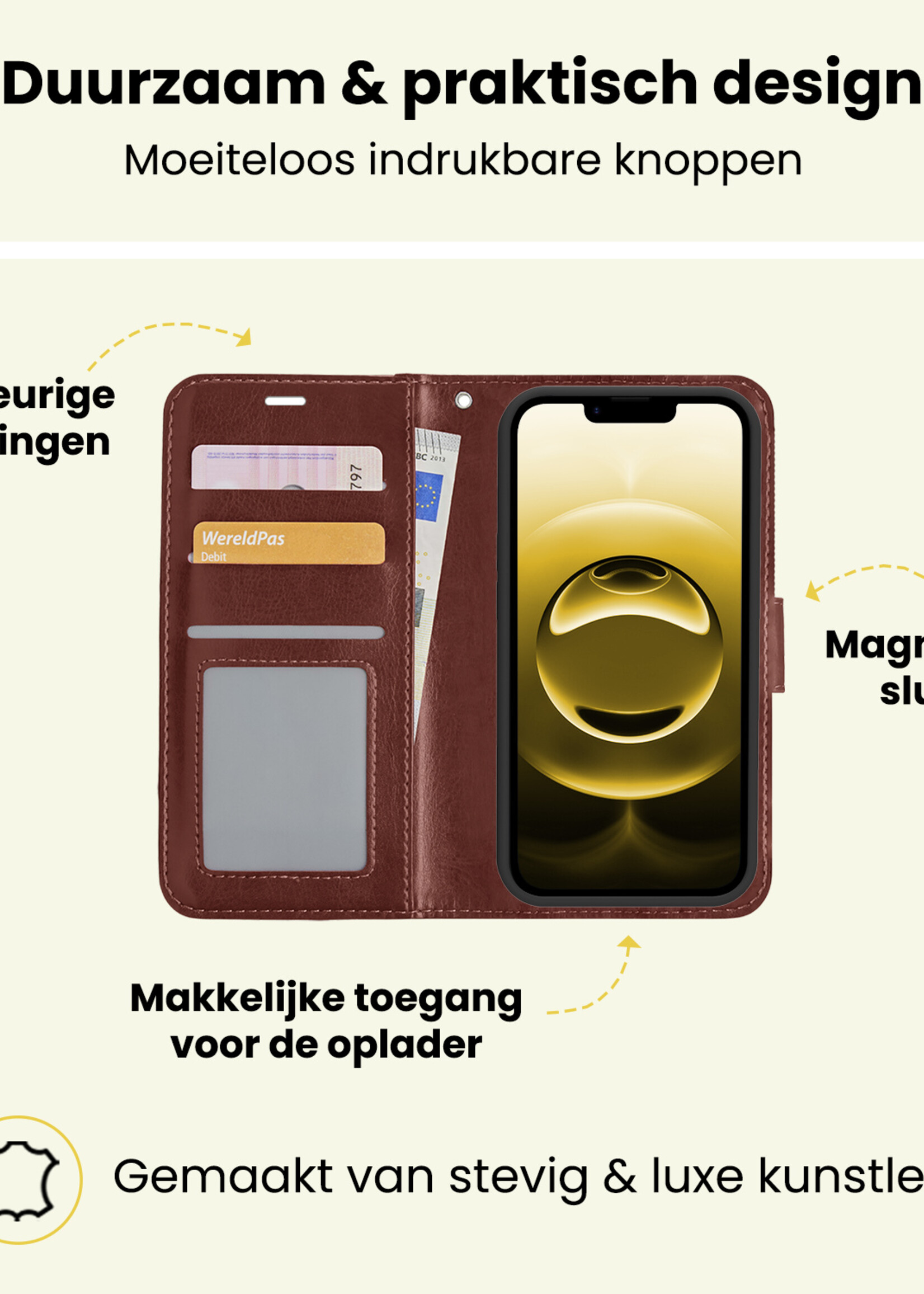 LUQ LUQ iPhone 16E Hoesje Bookcase Met Screenprotector - Bruin