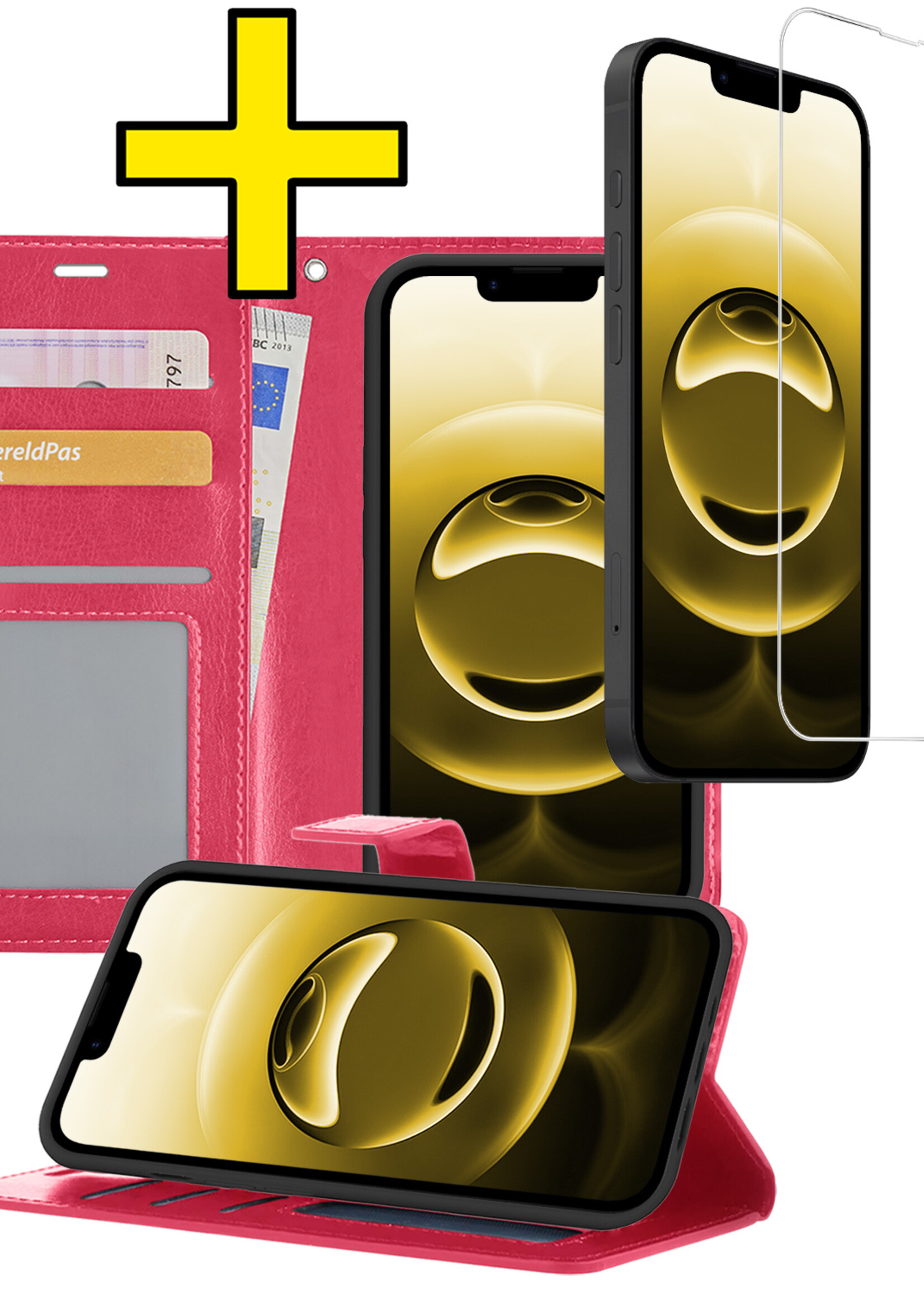 LUQ LUQ iPhone 16E Hoesje Bookcase Met Screenprotector - Donkerroze