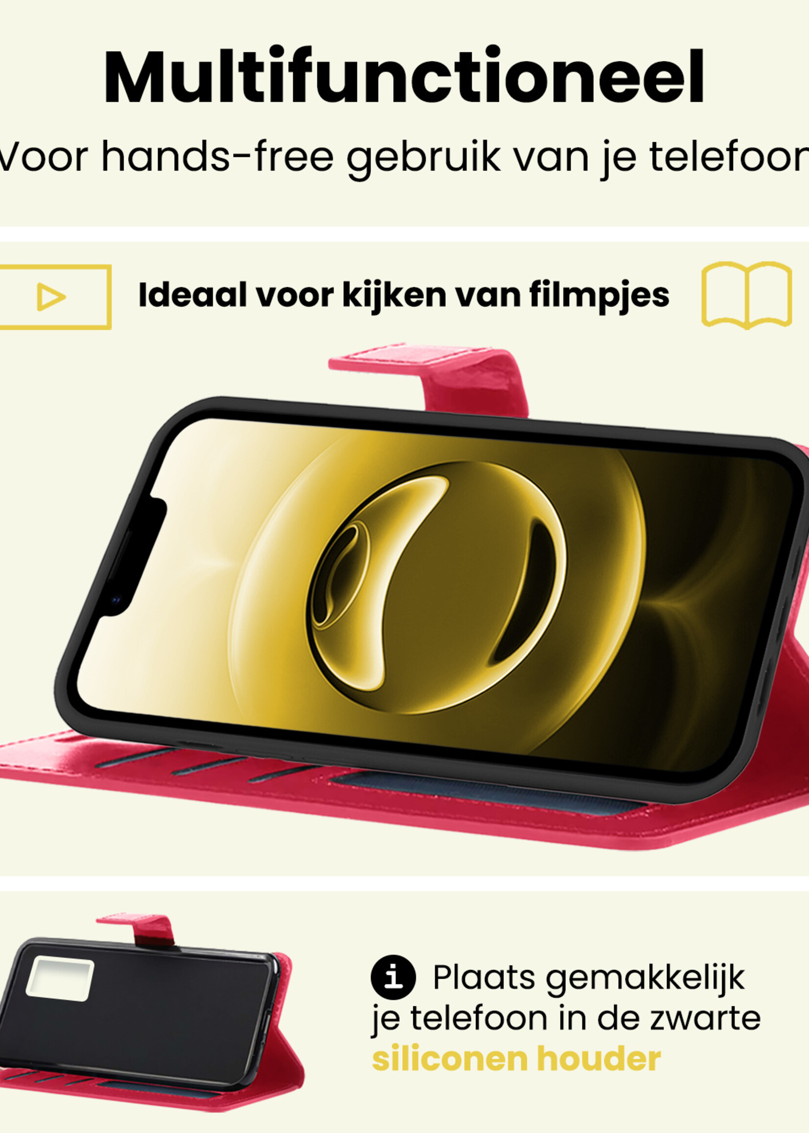 LUQ LUQ iPhone 16E Hoesje Bookcase Met Screenprotector - Donkerroze