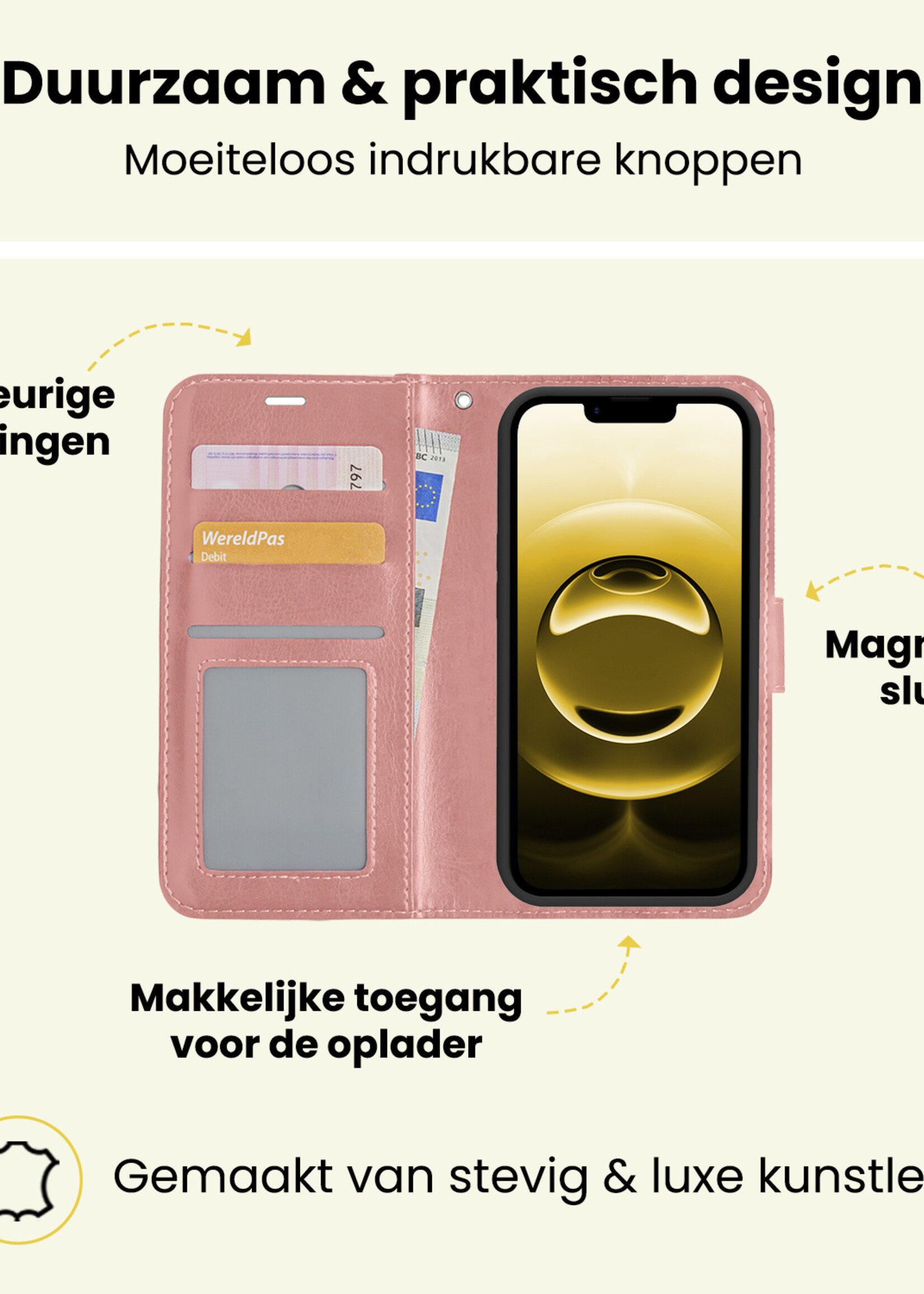 LUQ LUQ iPhone 16E Hoesje Bookcase Met Screenprotector - Rose Goud