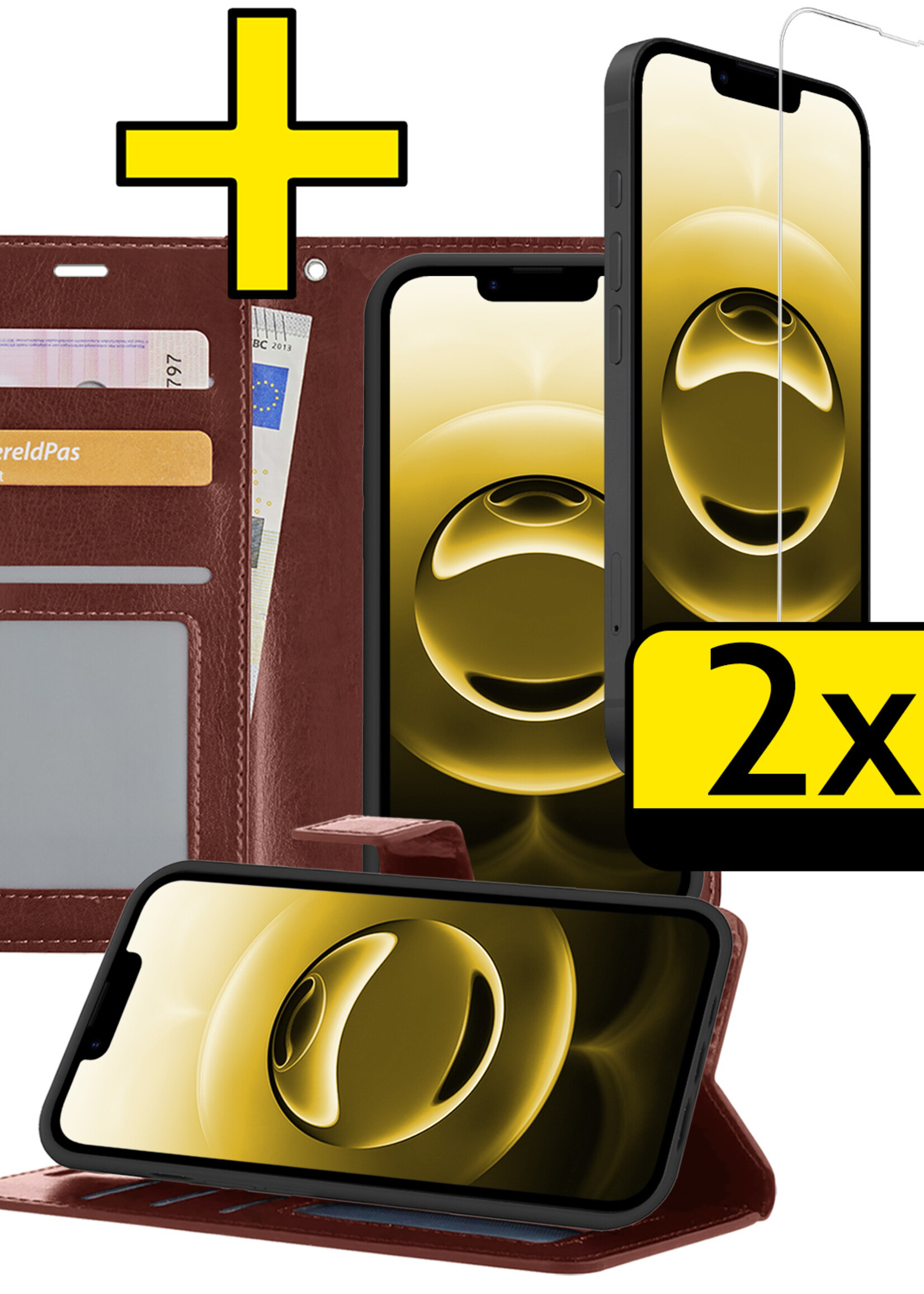 LUQ LUQ iPhone 16E Hoesje Bookcase Met 2x Screenprotector - Bruin