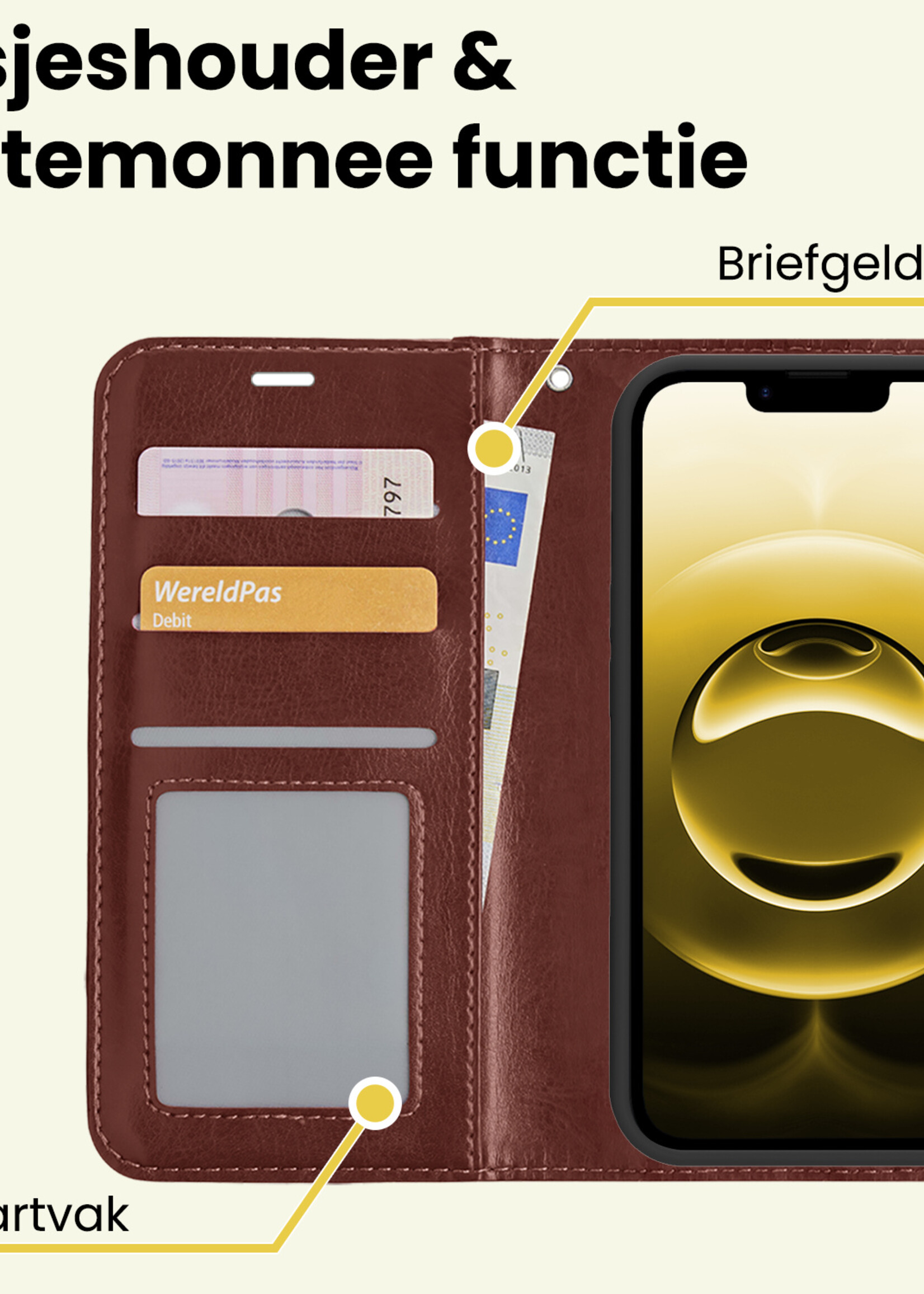 LUQ LUQ iPhone 16E Hoesje Bookcase Met 2x Screenprotector - Bruin