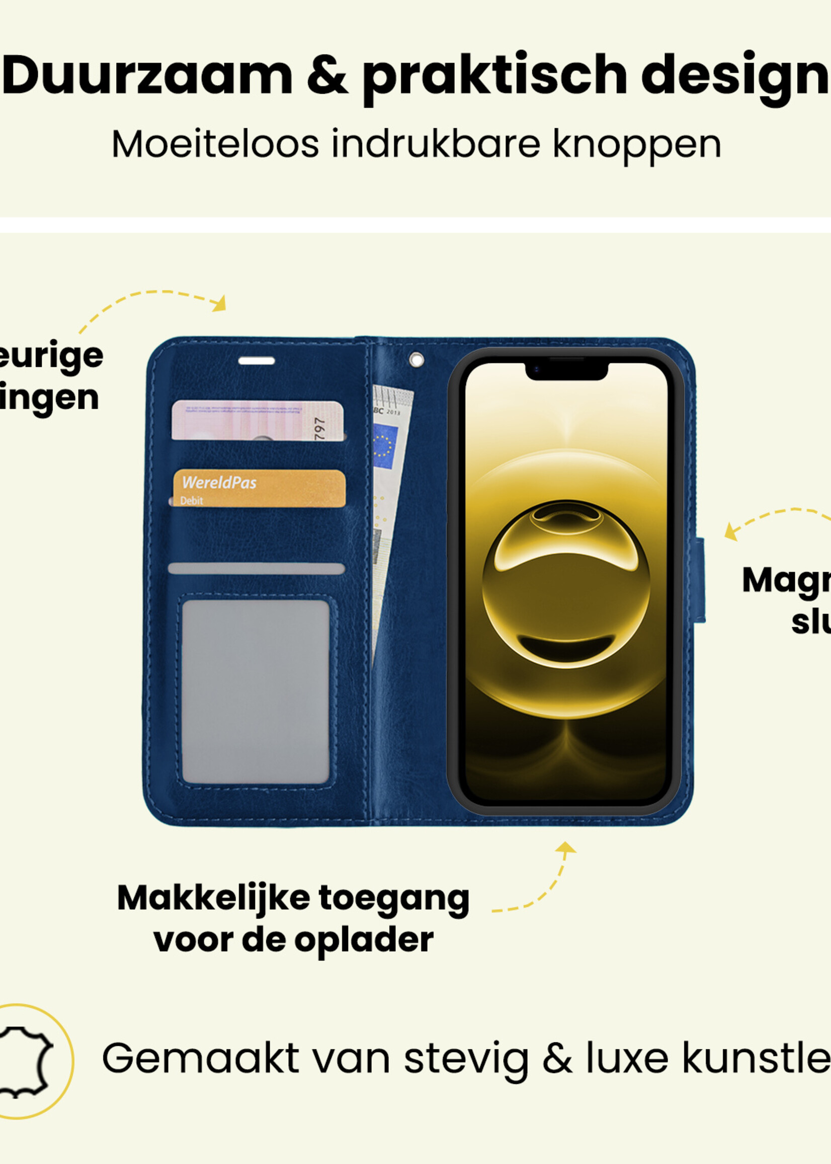 LUQ LUQ iPhone 16E Hoesje Bookcase Met 2x Screenprotector - Donkerblauw