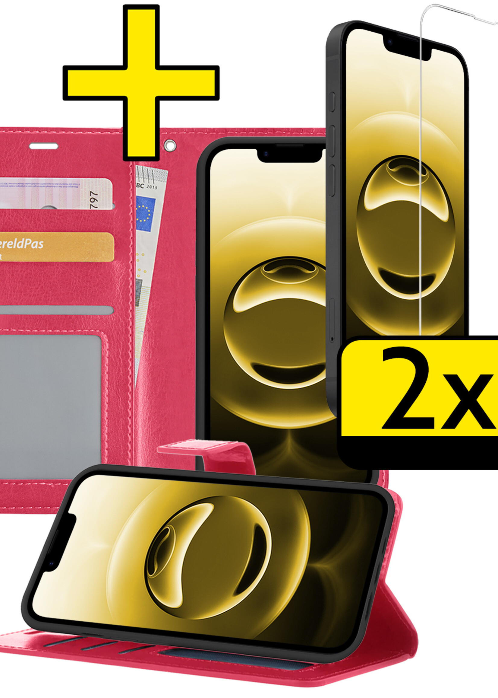 LUQ LUQ iPhone 16E Hoesje Bookcase Met 2x Screenprotector - Donkerroze