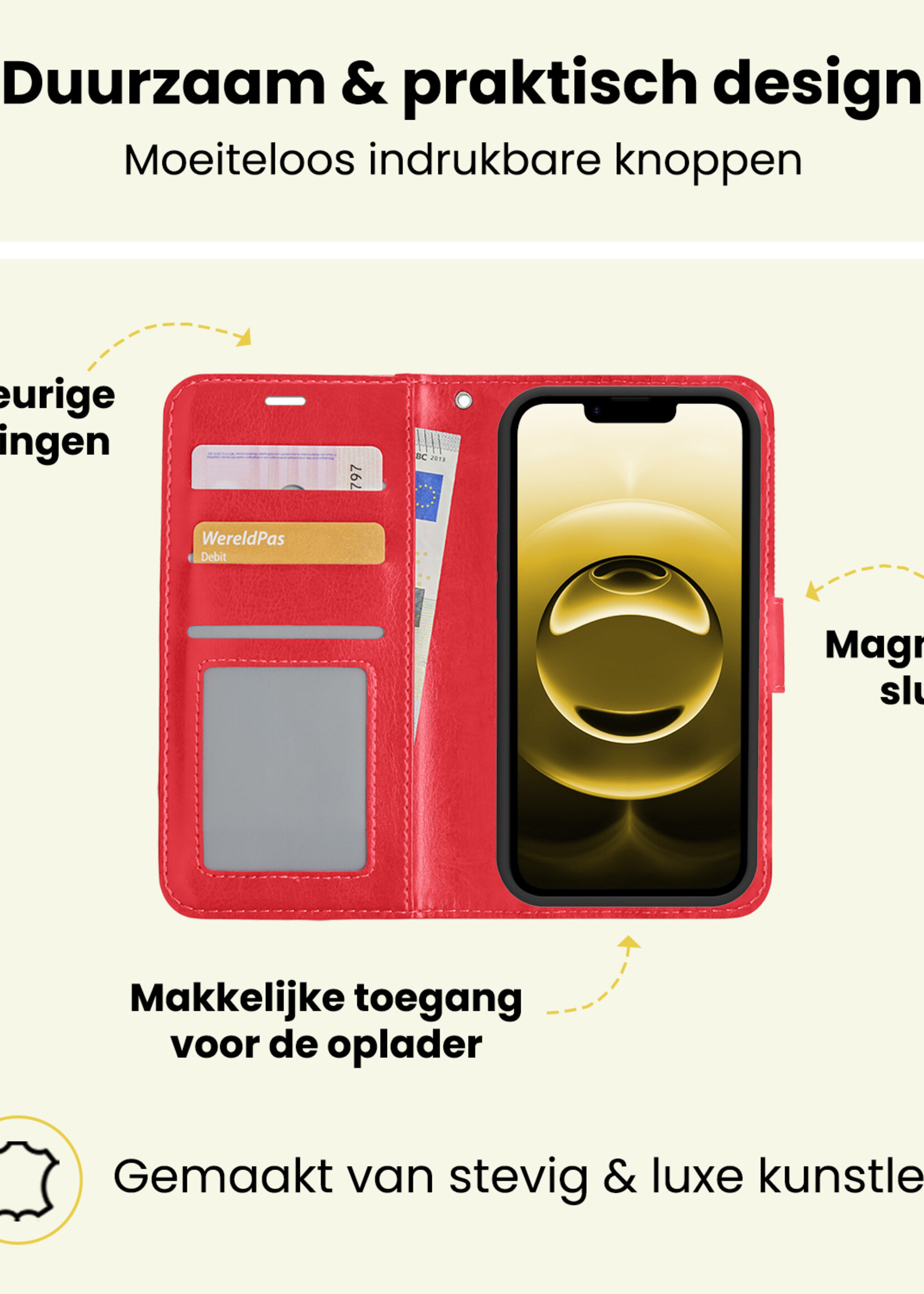 LUQ LUQ iPhone 16E Hoesje Bookcase Met 2x Screenprotector - Rood