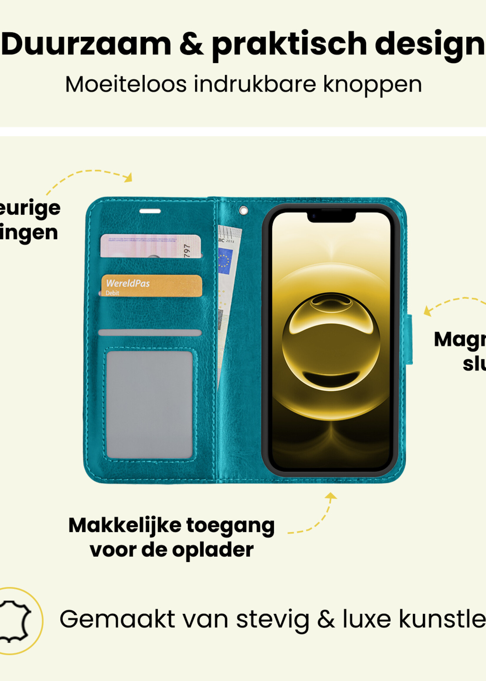 LUQ LUQ iPhone 16E Hoesje Bookcase Met 2x Screenprotector - Turquoise