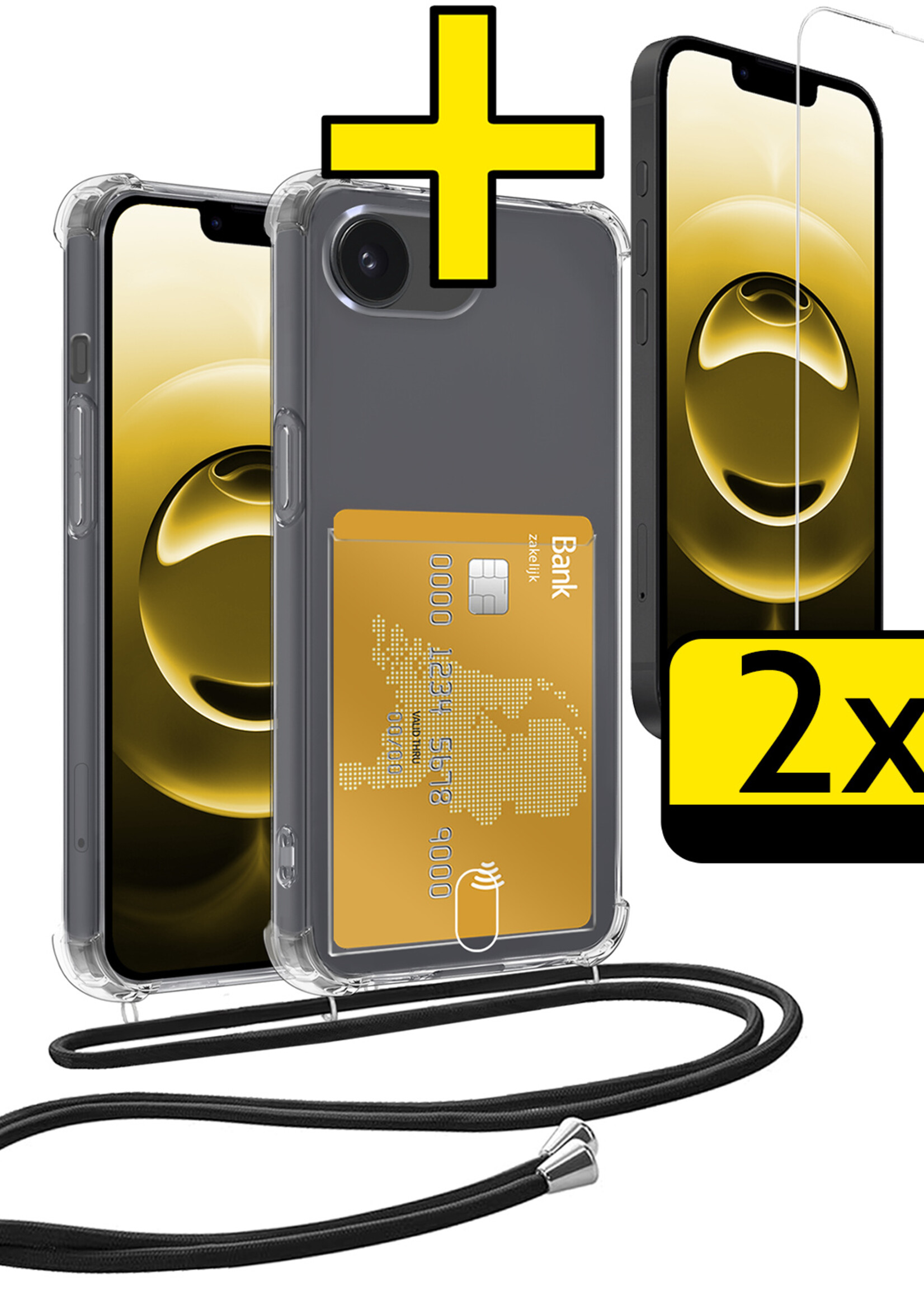LUQ LUQ iPhone 16E Hoesje Pashouder met Koord Met 2x Screenprotector