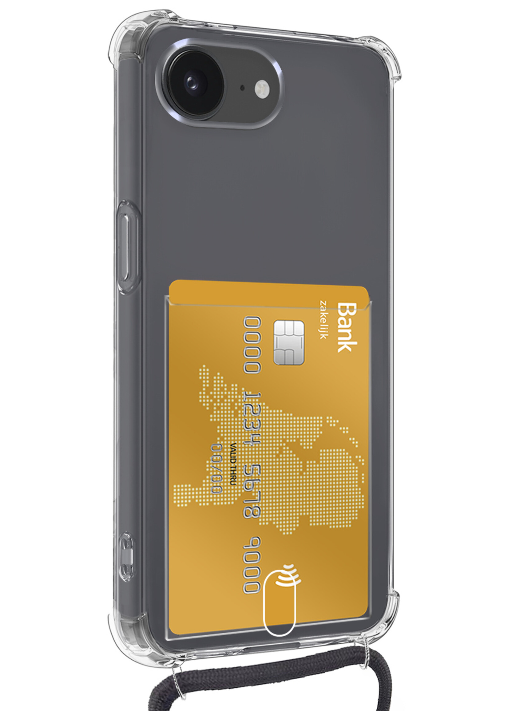 LUQ LUQ iPhone 16E Hoesje Pashouder met Koord Met 2x Screenprotector