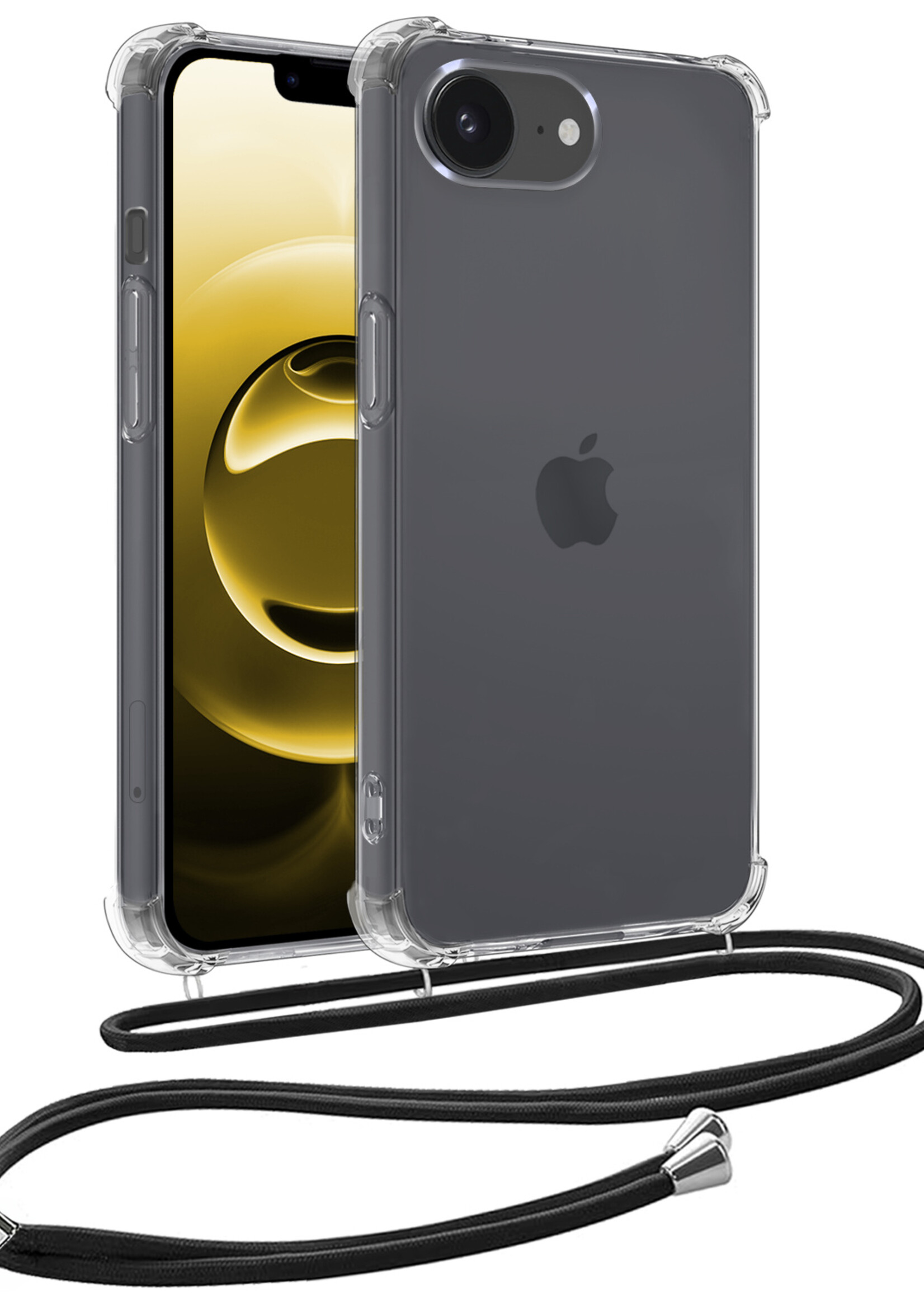 LUQ LUQ iPhone 16E Hoesje Transparant Shockproof Met Zwart Koord