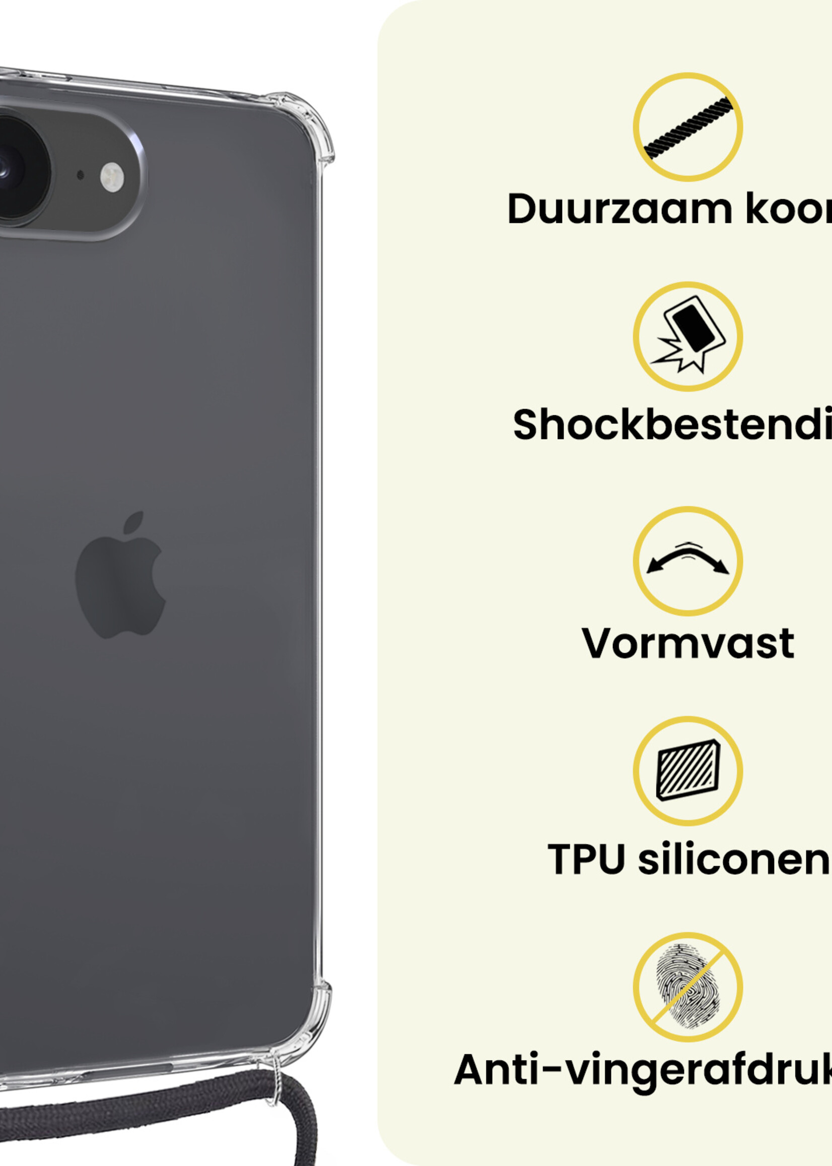 LUQ LUQ iPhone 16E Hoesje Transparant Shockproof Met Zwart Koord