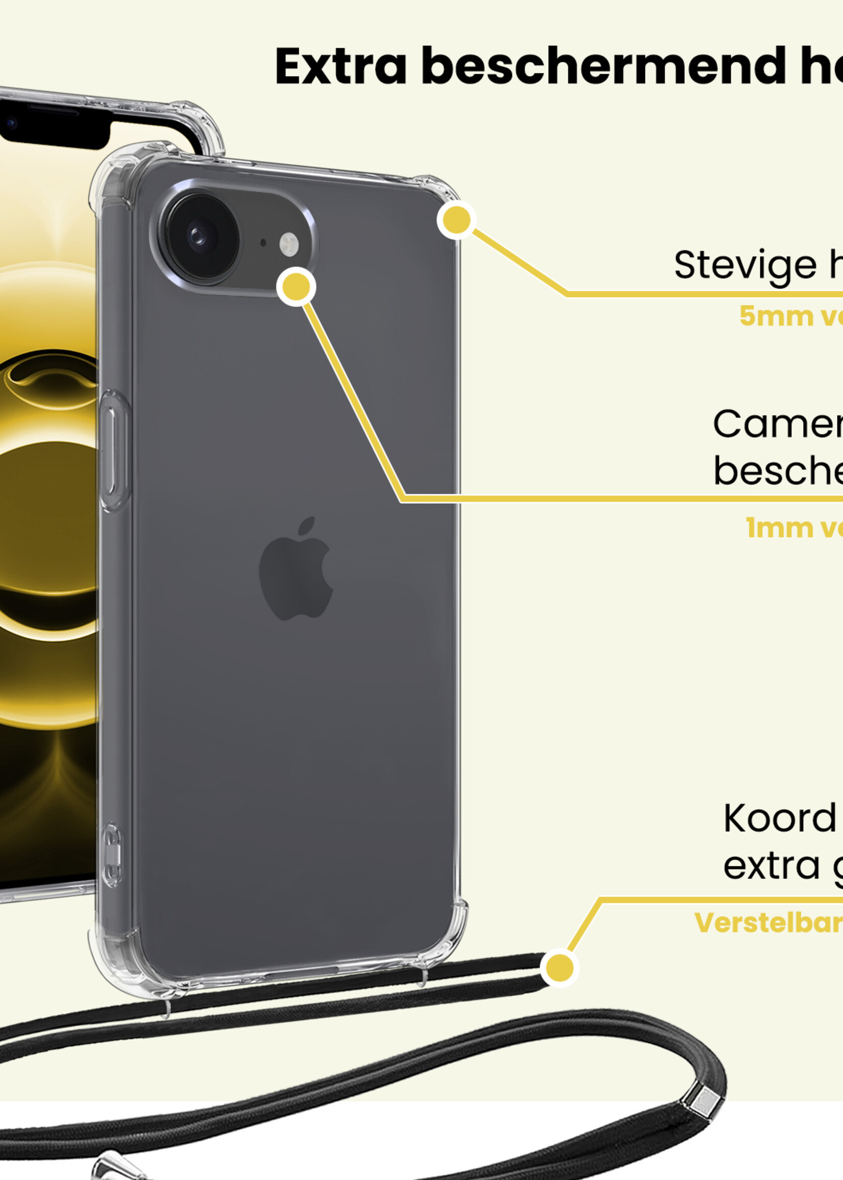 LUQ LUQ iPhone 16E Hoesje Transparant Shockproof Met Zwart Koord