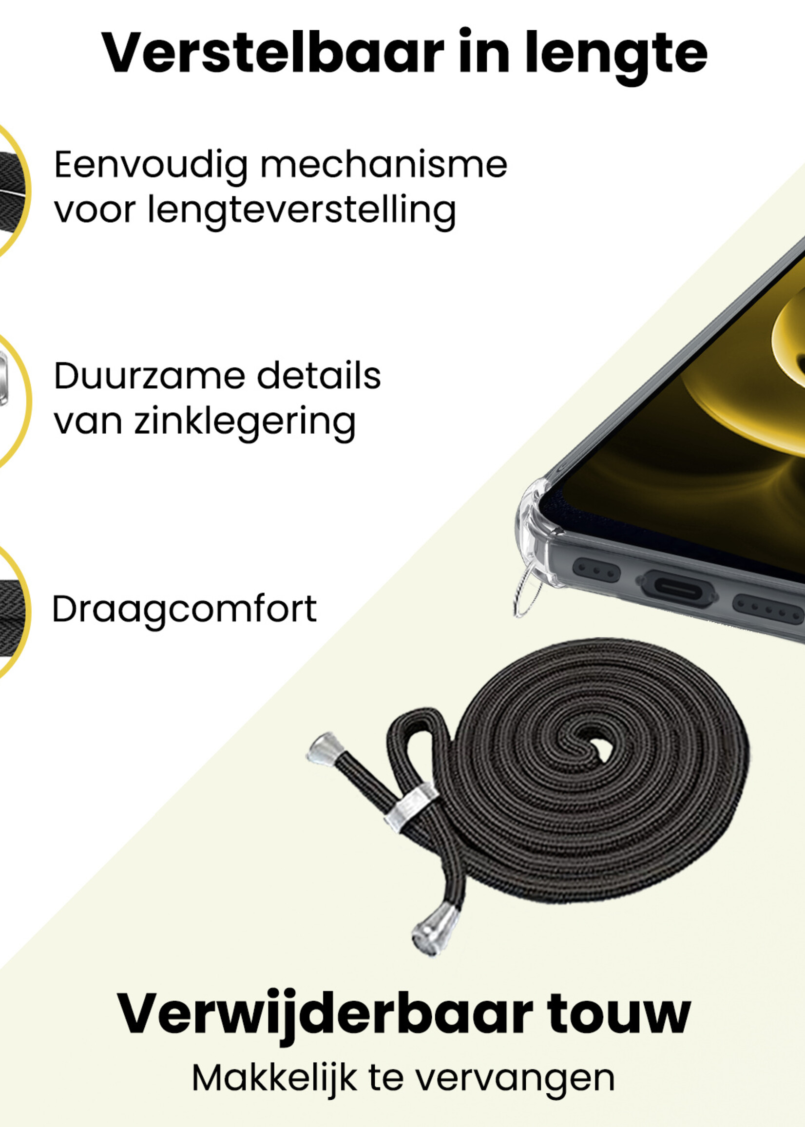 LUQ LUQ iPhone 16E Hoesje Transparant Shockproof Met Zwart Koord