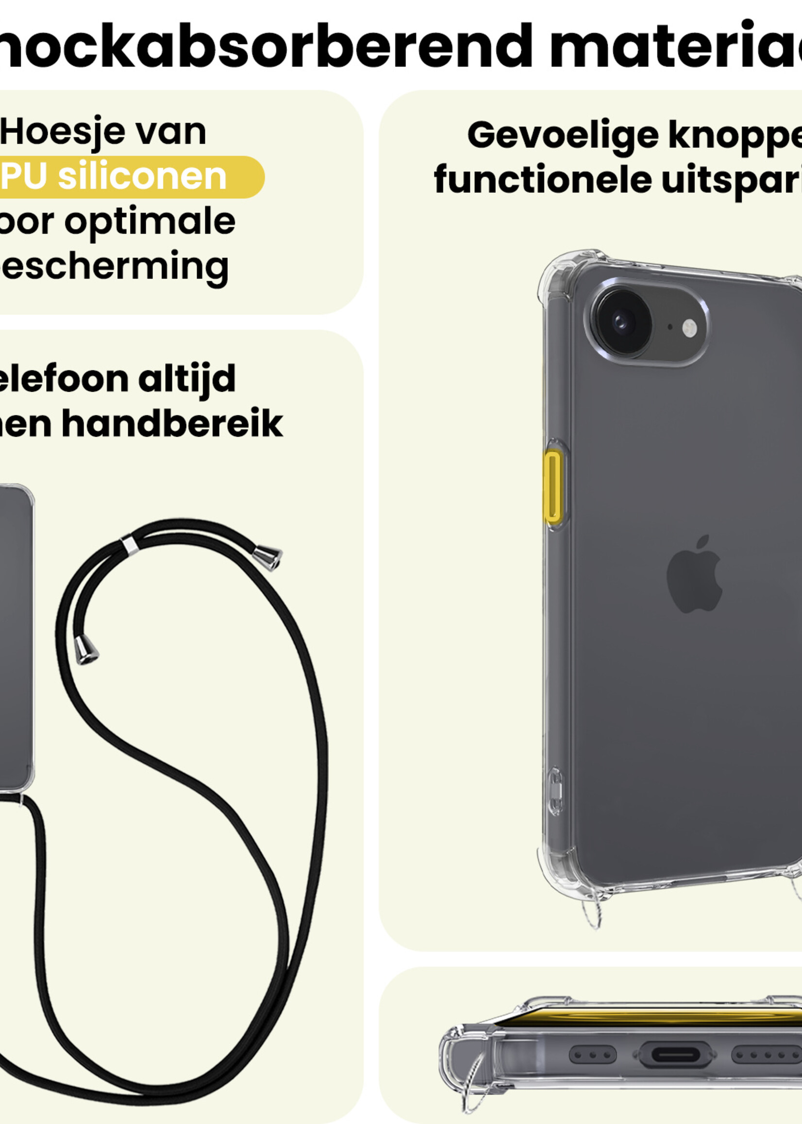 LUQ LUQ iPhone 16E Hoesje Transparant Shockproof Met Zwart Koord