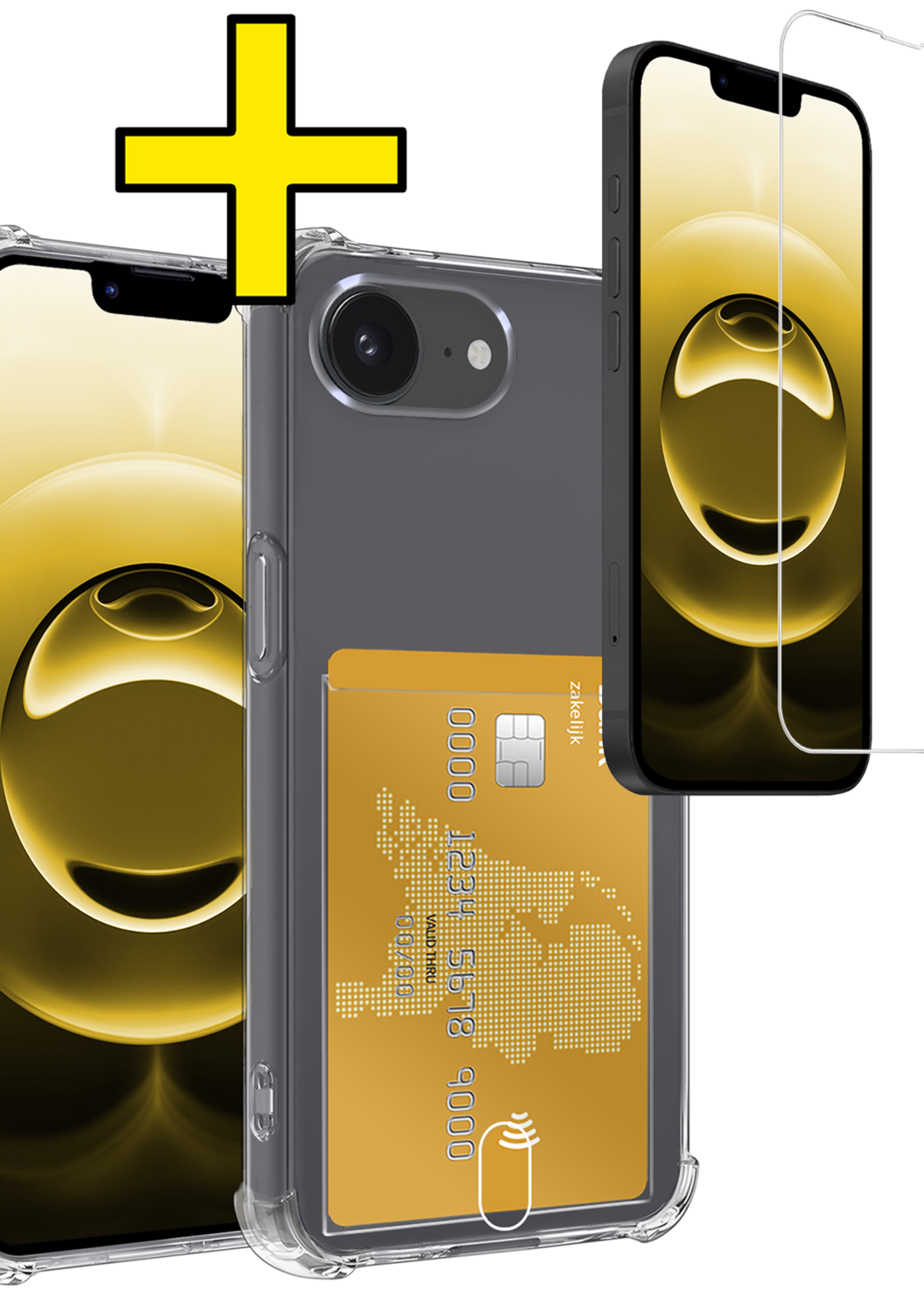 LUQ LUQ iPhone 16E Hoesje Pashouder met Koord Met Screenprotector