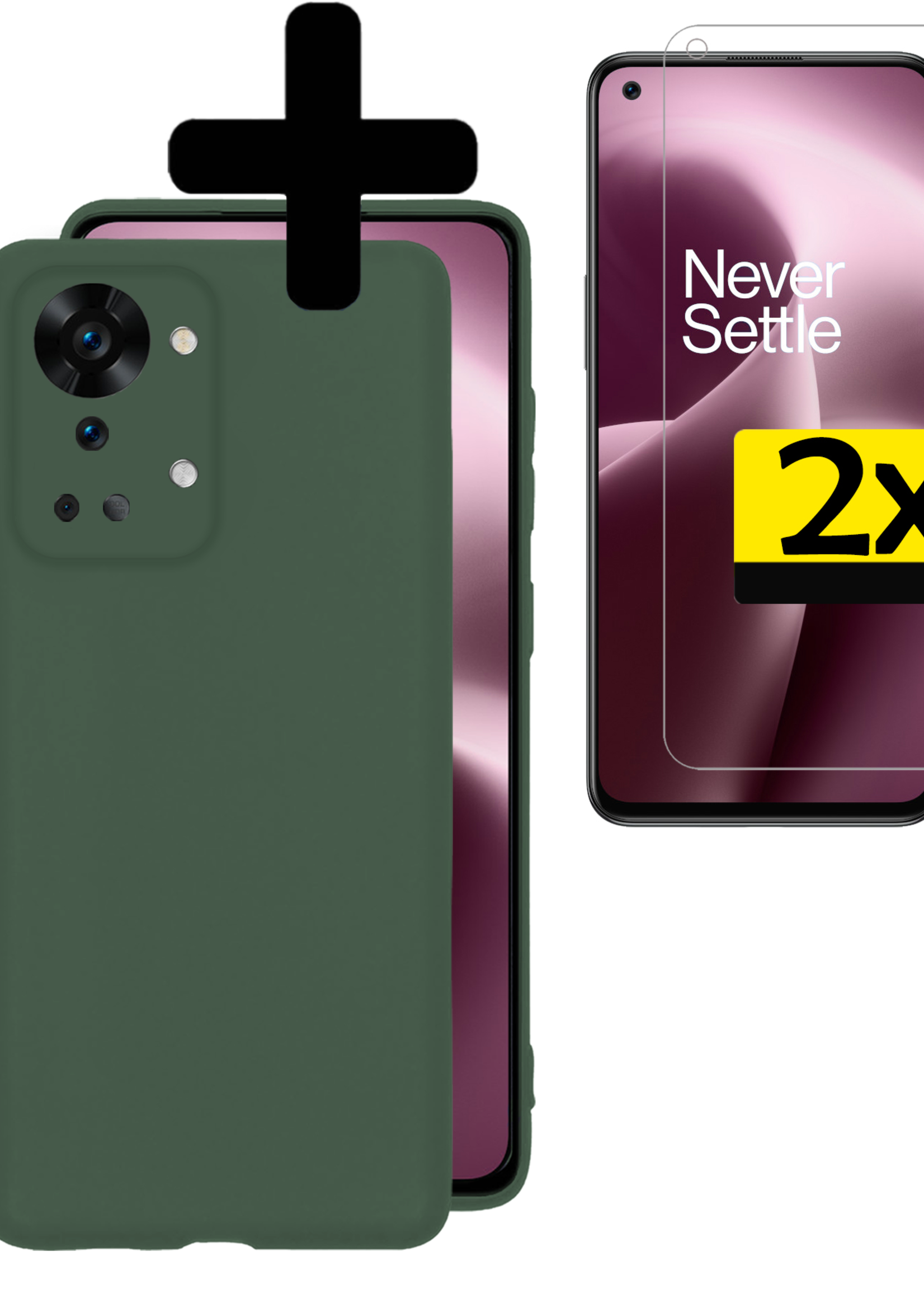 LUQ LUQ OnePlus Nord 2T Hoesje Siliconen Met 2x Screenprotector - Donkergroen