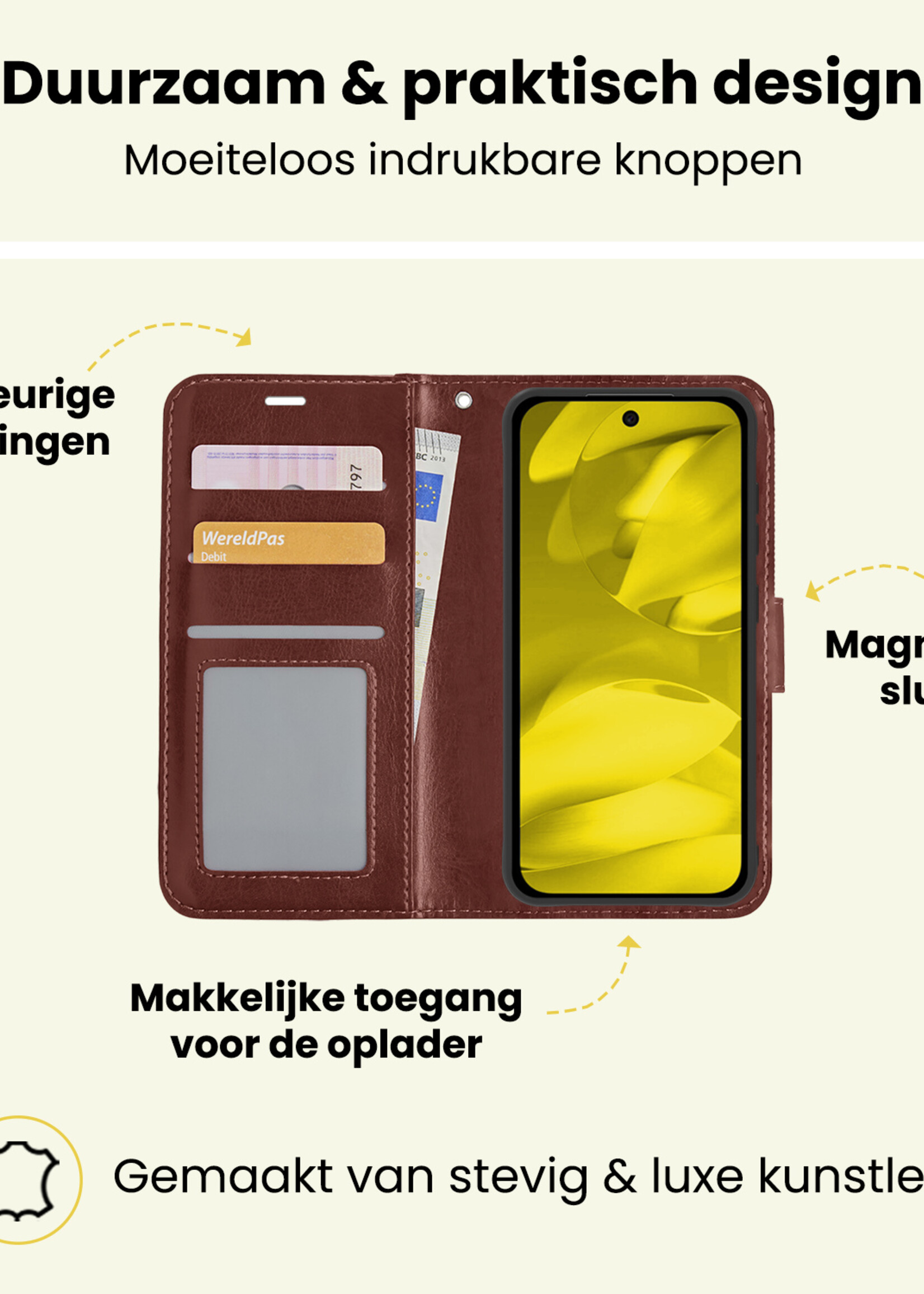 LUQ LUQ Google Pixel 9a Hoesje Bookcase Met 2x Screenprotector - Bruin