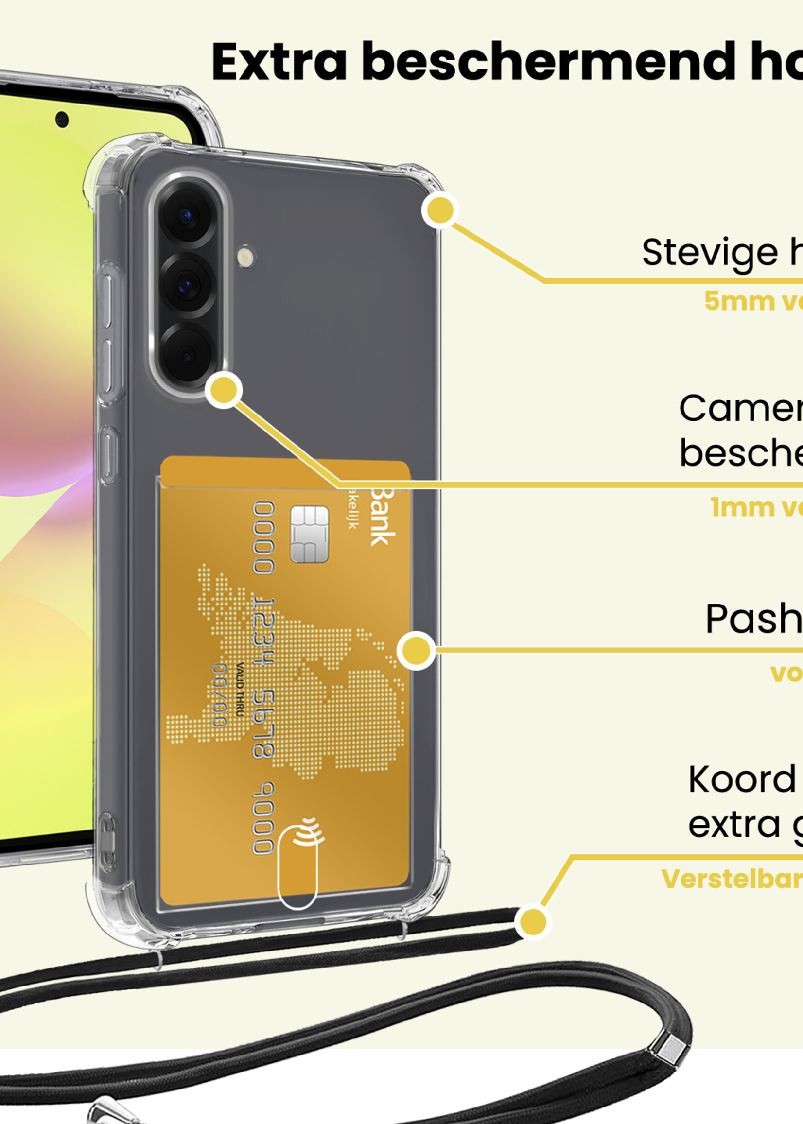 LUQ LUQ Samsung Galaxy A36 Hoesje Pashouder met Koord Met 2x Screenprotector