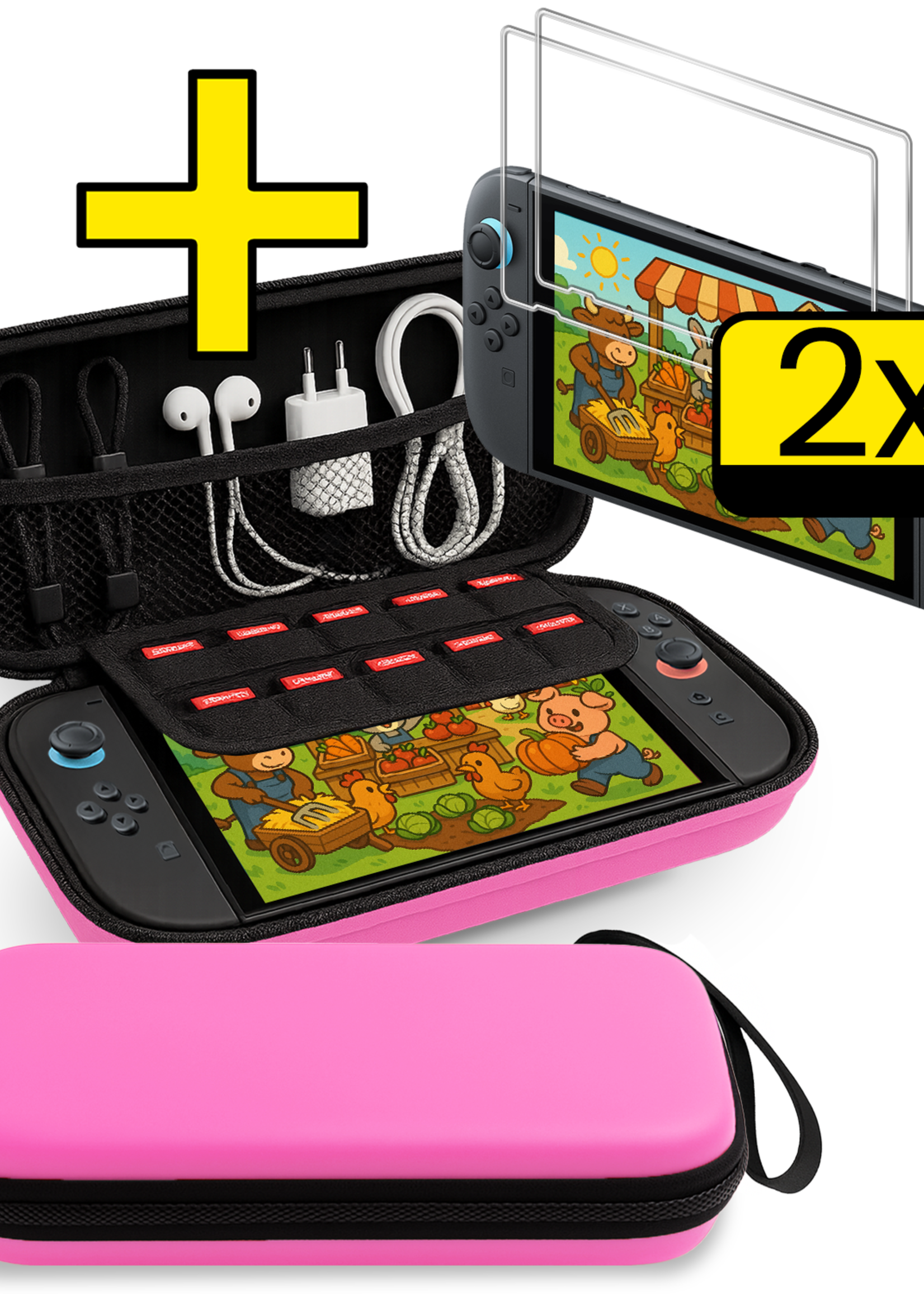 LUQ LUQ Nintendo Switch 2 Hoesje Koord Met 2x Screenprotector - Roze