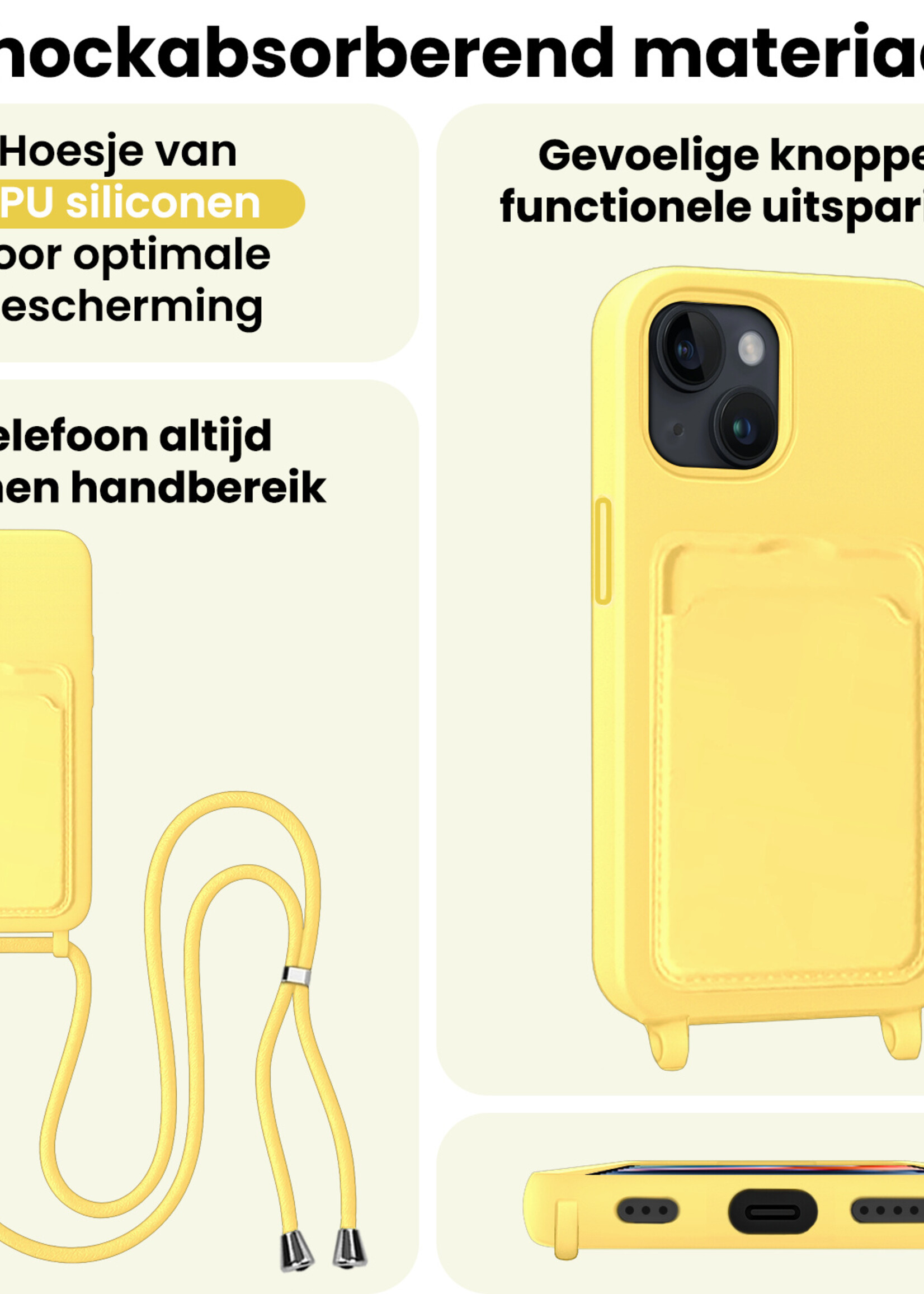 LUQ LUQ iPhone 13 Hoesje Pashouder met Koord Met 2x Screenprotector - Geel