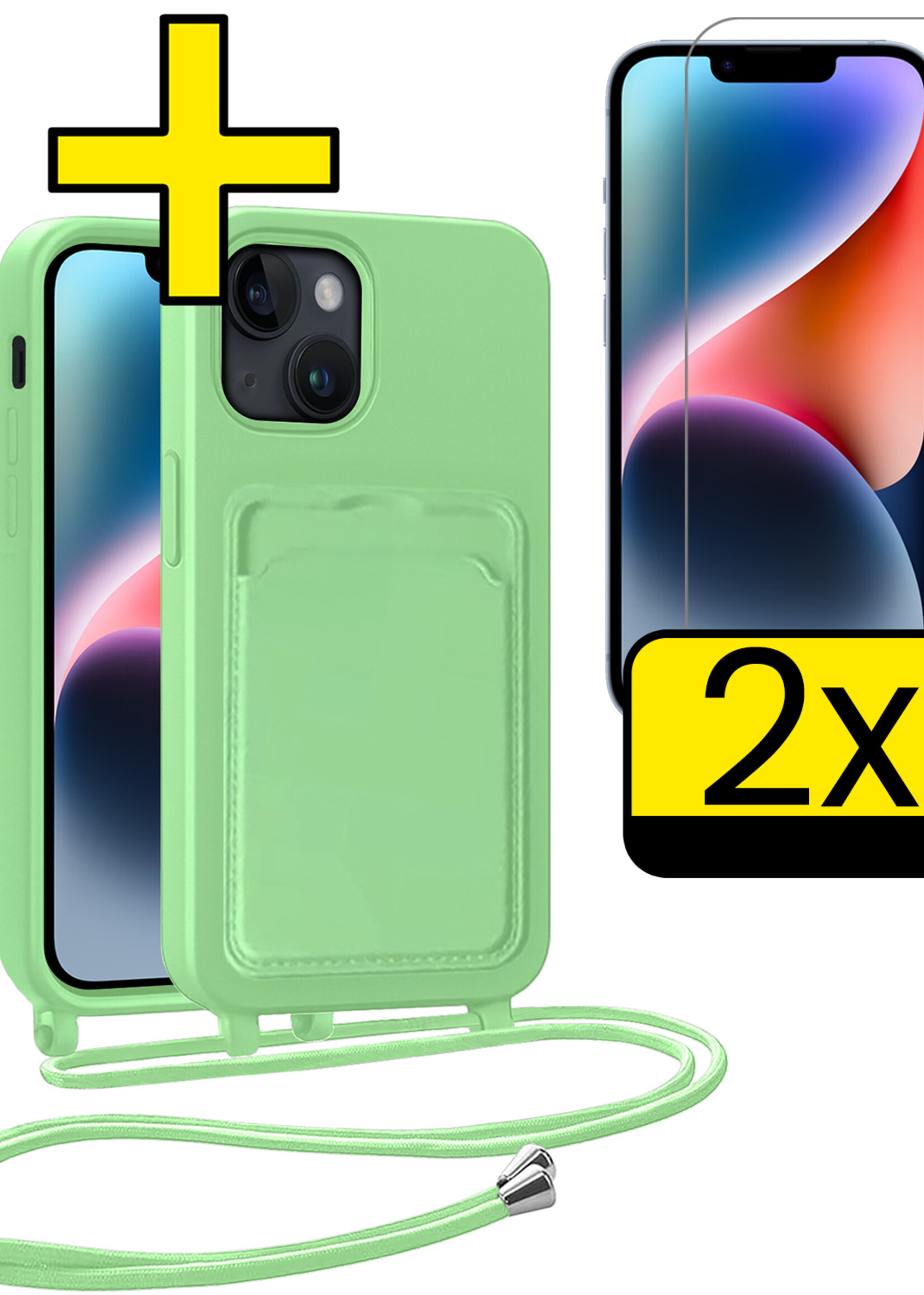 LUQ LUQ iPhone 13 Hoesje Pashouder met Koord Met 2x Screenprotector - Groen