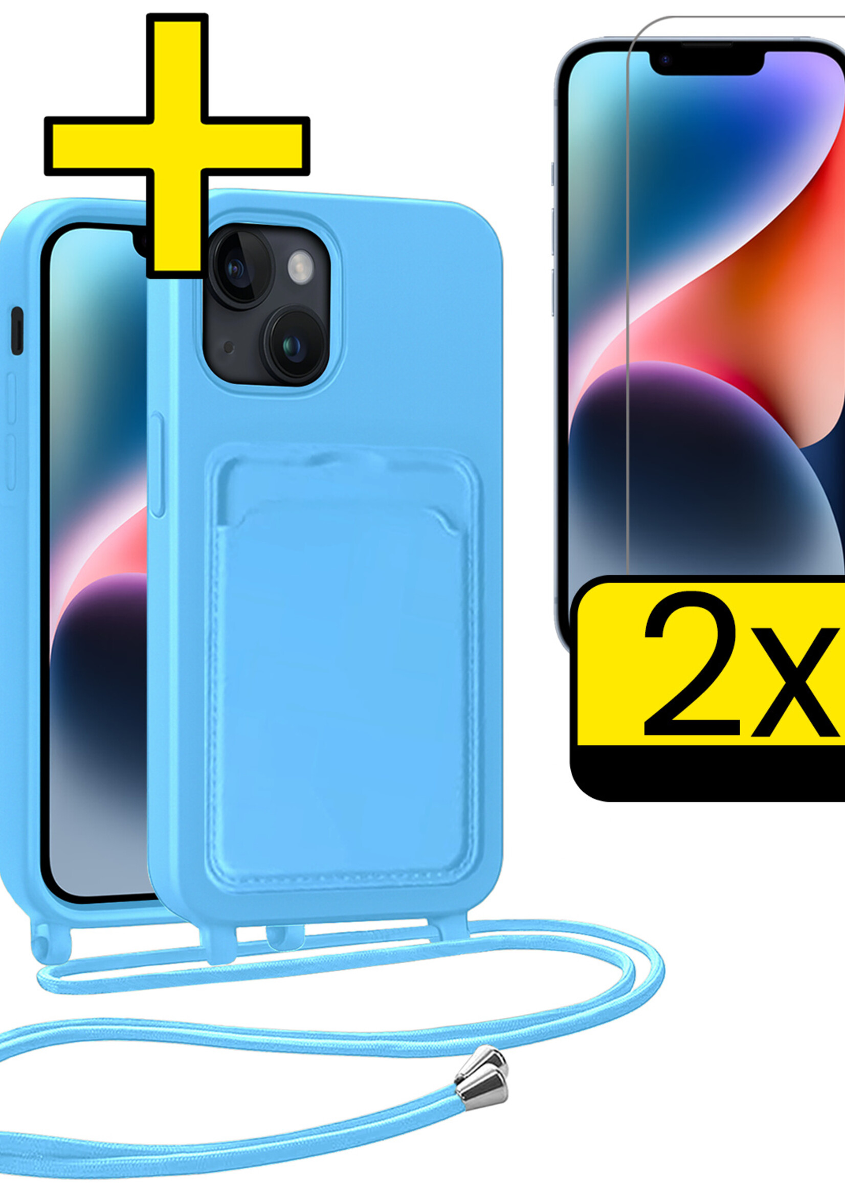 LUQ LUQ iPhone 13 Hoesje Pashouder met Koord Met 2x Screenprotector - Lichtblauw