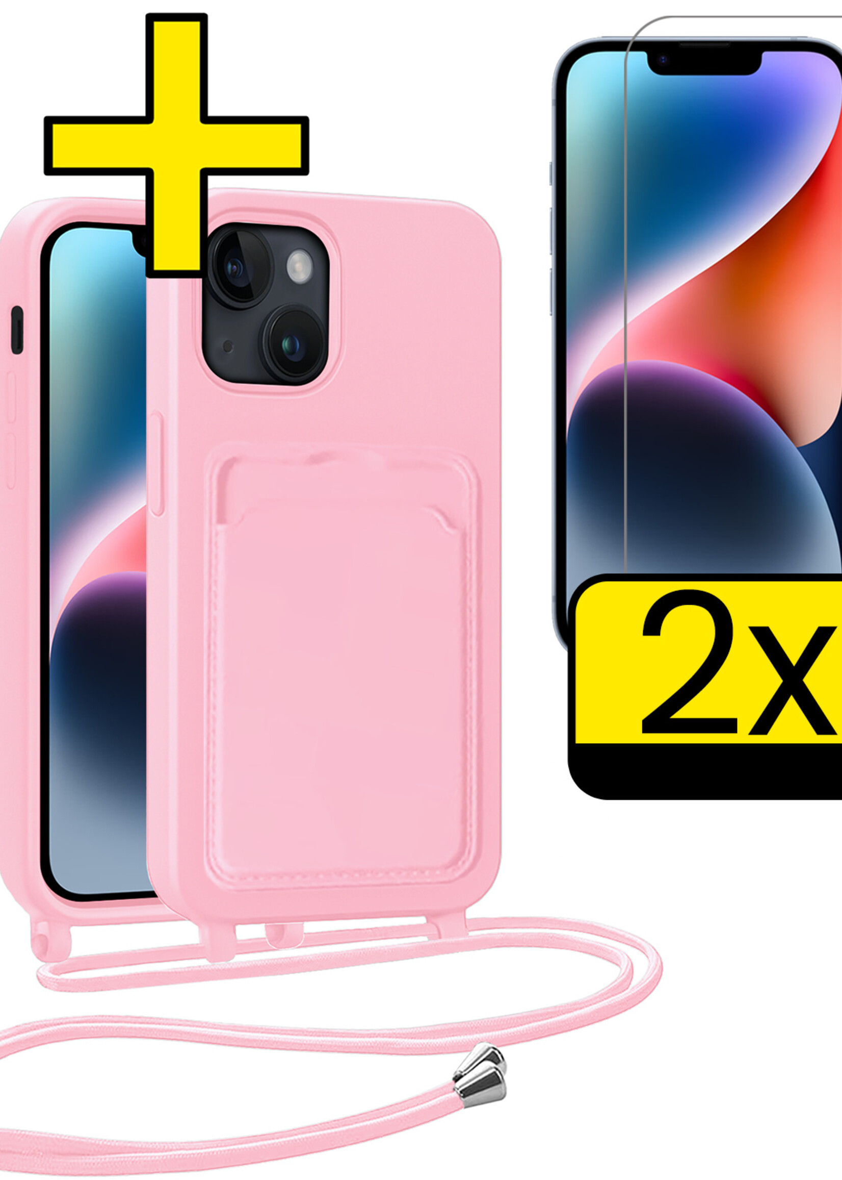 LUQ LUQ iPhone 13 Hoesje Pashouder met Koord Met 2x Screenprotector - Lichtroze