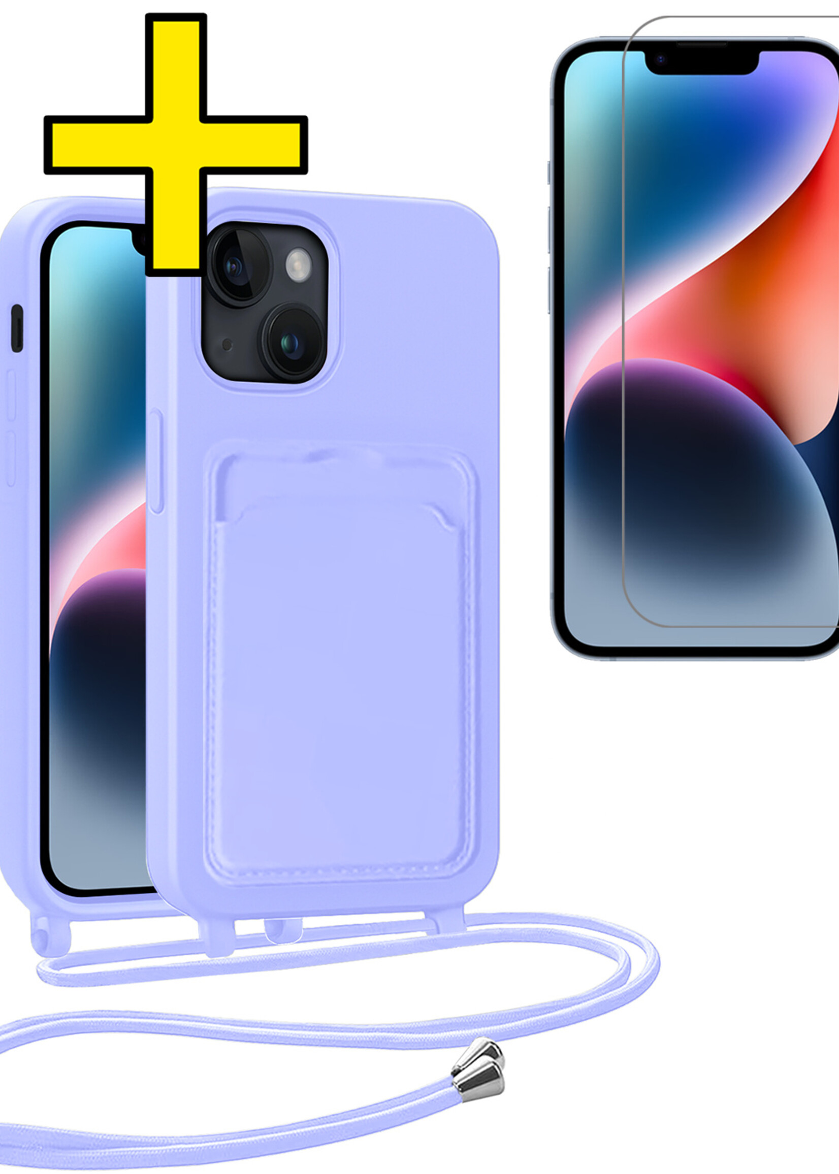 LUQ LUQ iPhone 13 Hoesje Pashouder met Koord Met Screenprotector - Lila