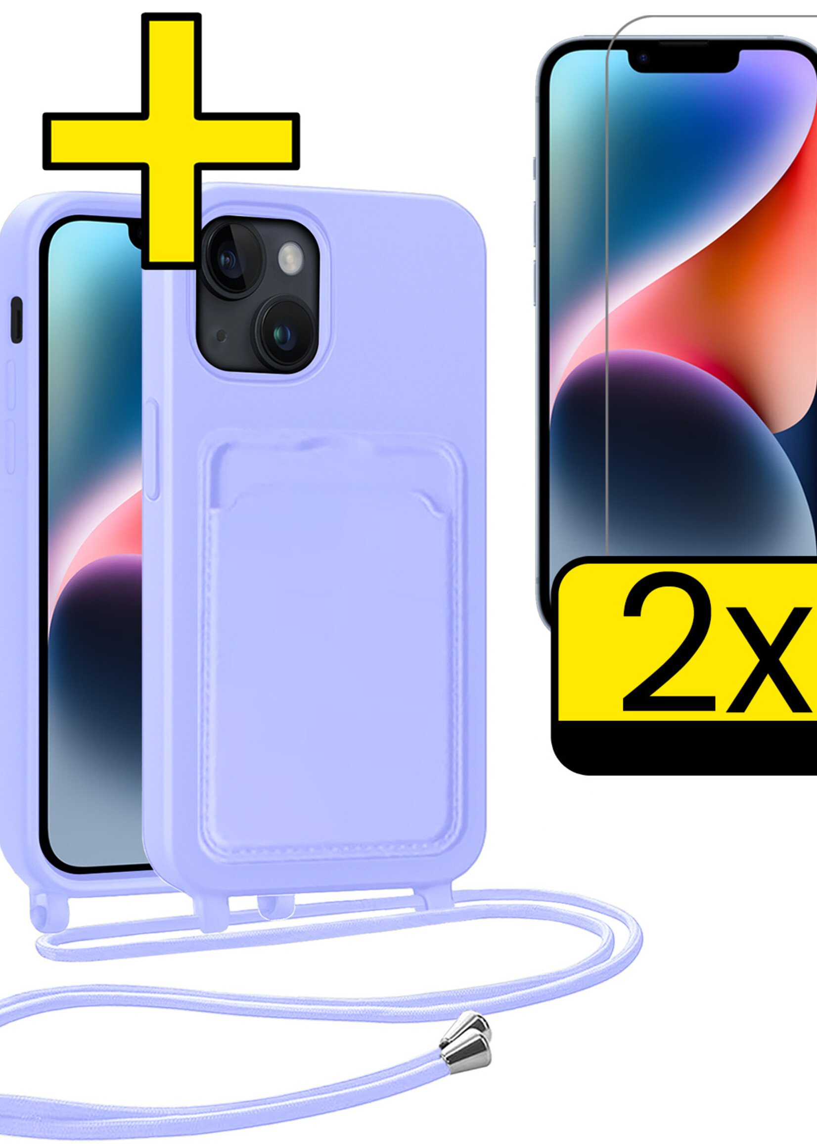 LUQ LUQ iPhone 13 Hoesje Pashouder met Koord Met 2x Screenprotector - Lila