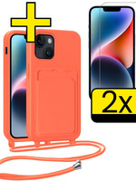 LUQ LUQ iPhone 13 Hoesje Pashouder met Koord Met 2x Screenprotector - Papaya